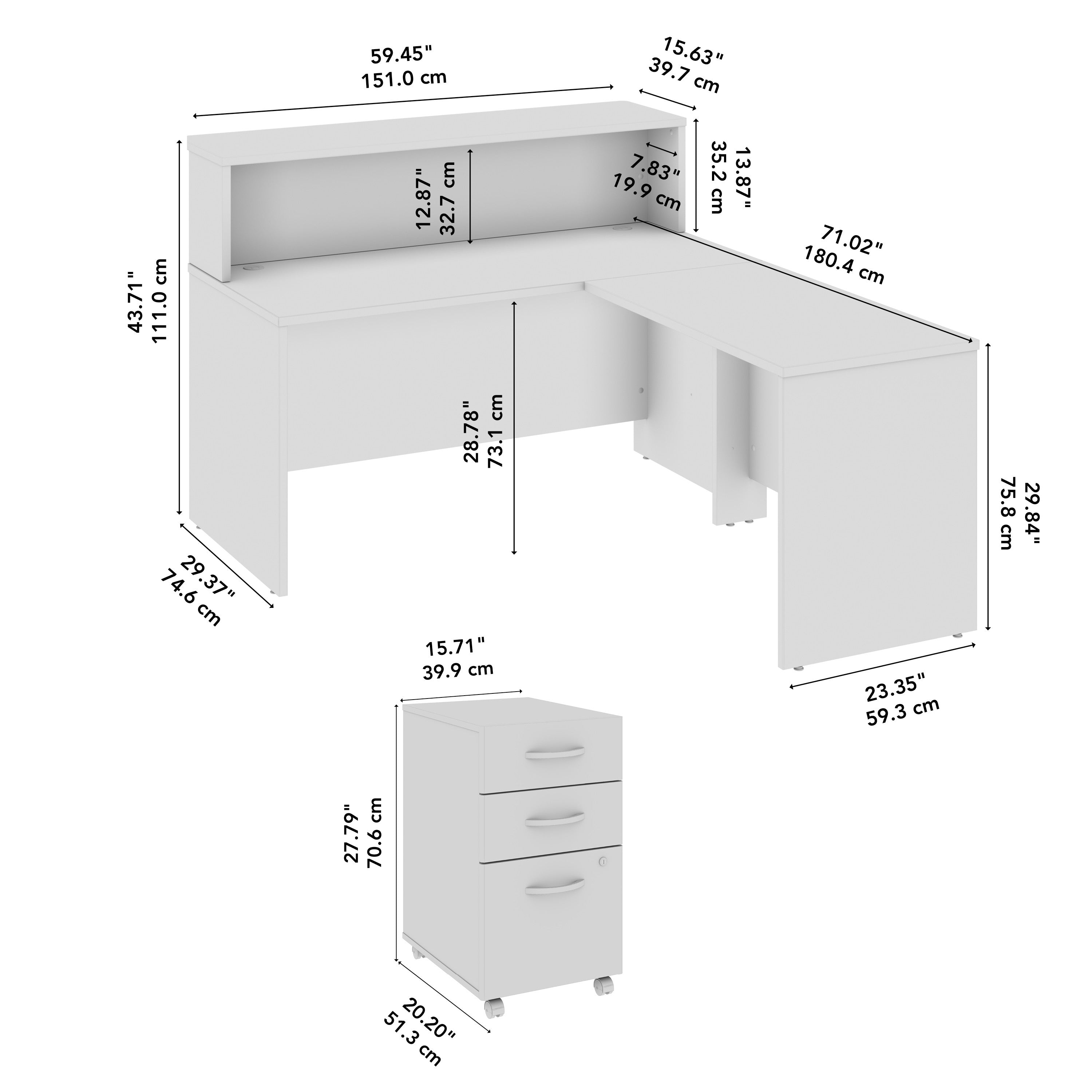 Bush Business Furniture Arrive 60W x 72D L Shaped Reception Desk with Shelf and Mobile File Cabinet in Natural Elm - 59.45" Width x 71.02" Depth x 43.71" Height