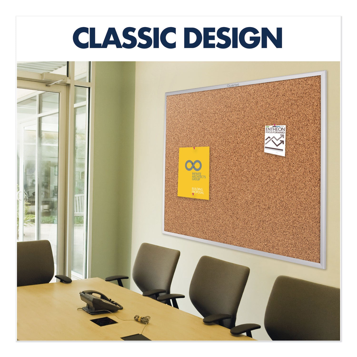 Quartet Classic Series Bulletin Board - 24" Board Height x 36" Board Width - Brown Natural Cork Surface - Heavy-gauge, Self-healing, Heavy Duty - Silver Aluminum Frame - 1 Each