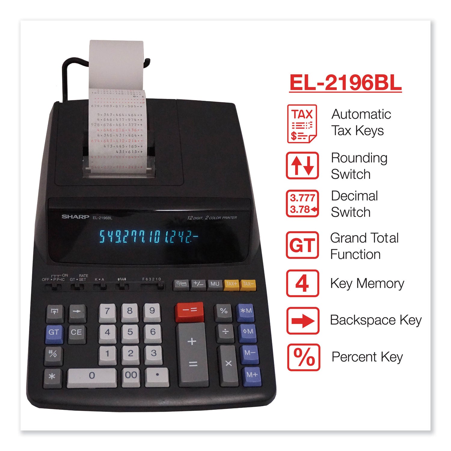 3.7 lps - Independent Memory, Sign Change, Backspace Key, Double Zero - AC Supply Powered - 3.1" Height x 8.7" Width x 12.9" Depth - Black - 1 Each