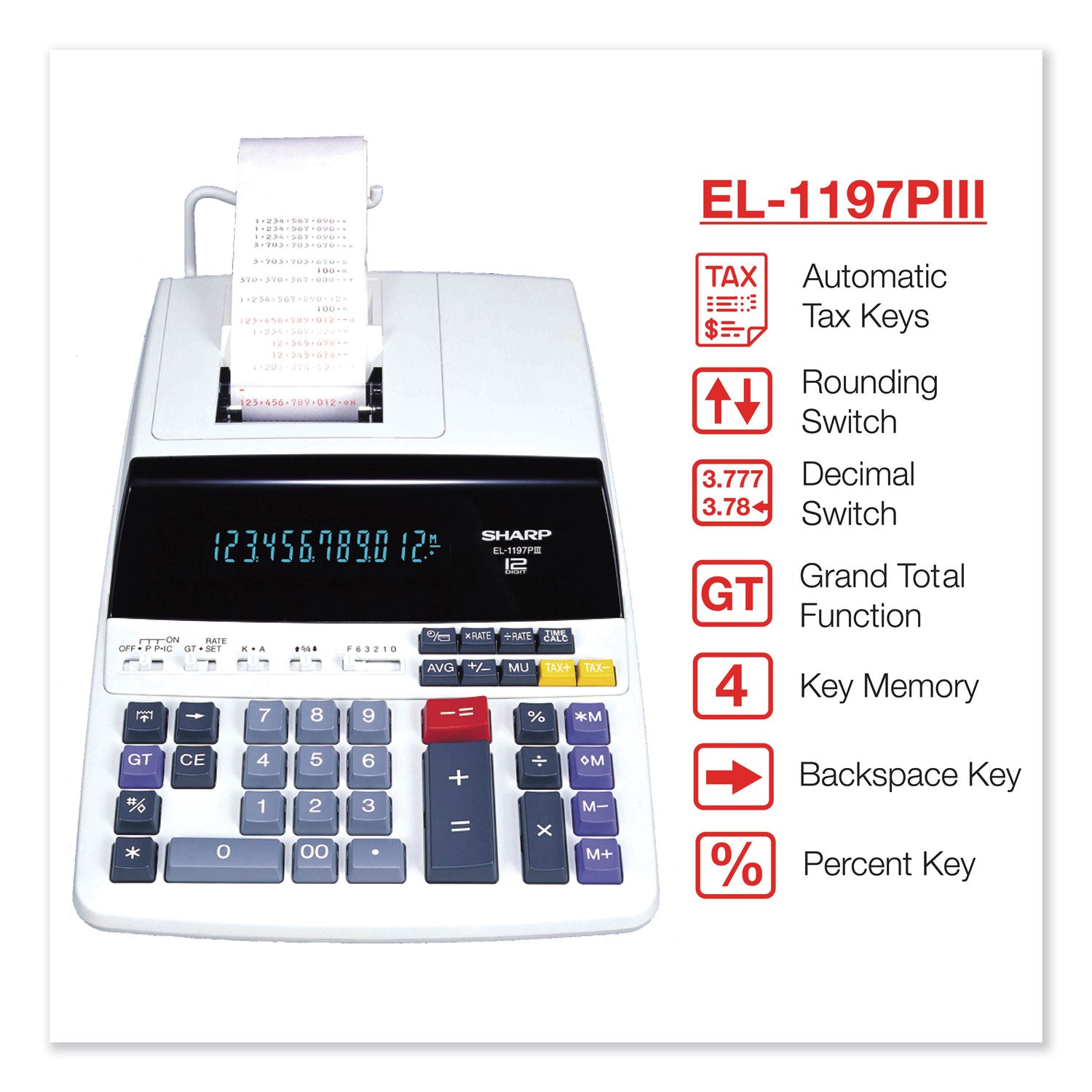 Dual Color Print - 4.5 lps - Independent Memory, Sign Change, Backspace Key, Double Zero, Fixed Decimal - 12 Digits - Fluorescent - AC Supply Powered - 3.3" Height x 8.8" Width x 12.8" Depth - Off White - 1 Each