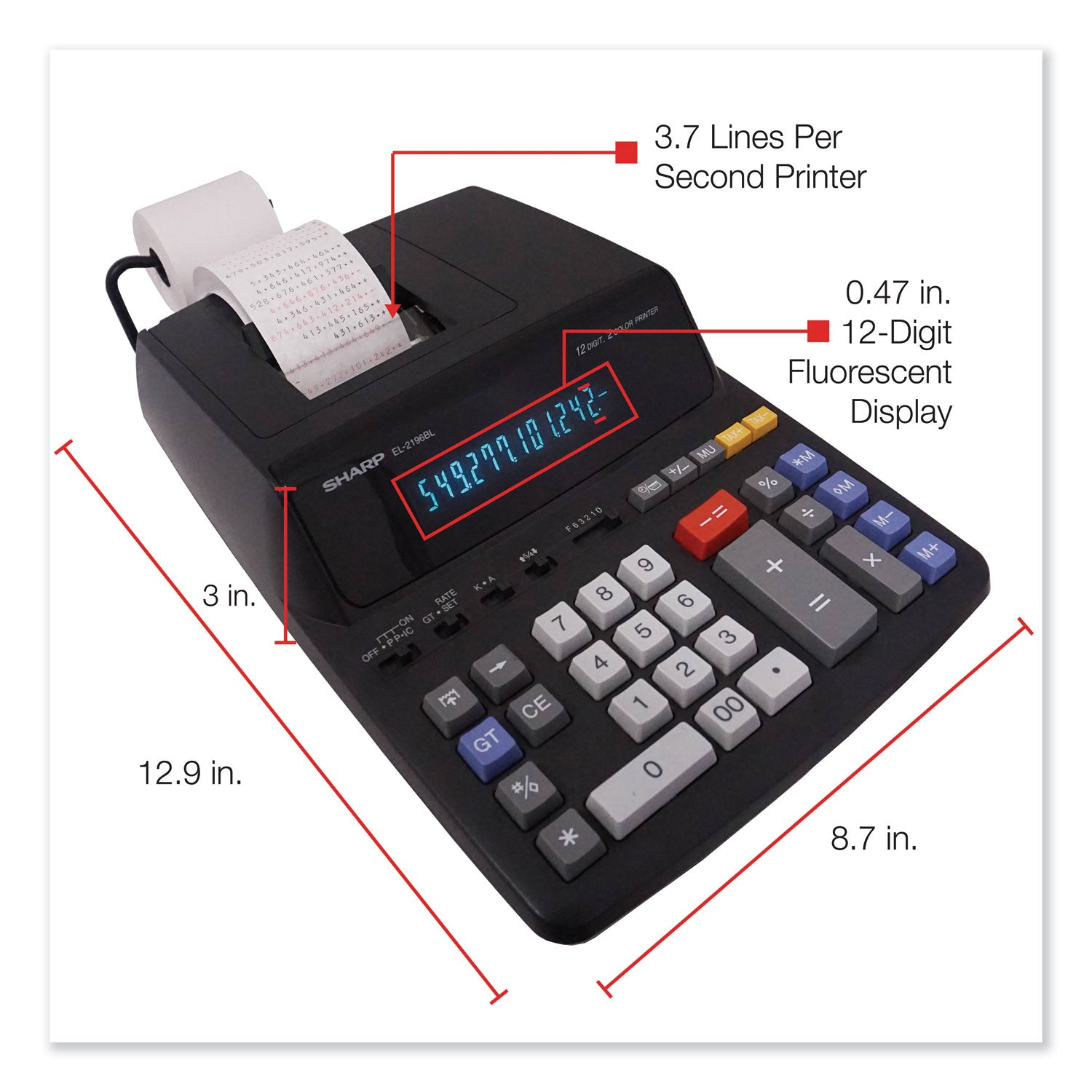 3.7 lps - Independent Memory, Sign Change, Backspace Key, Double Zero - AC Supply Powered - 3.1" Height x 8.7" Width x 12.9" Depth - Black - 1 Each
