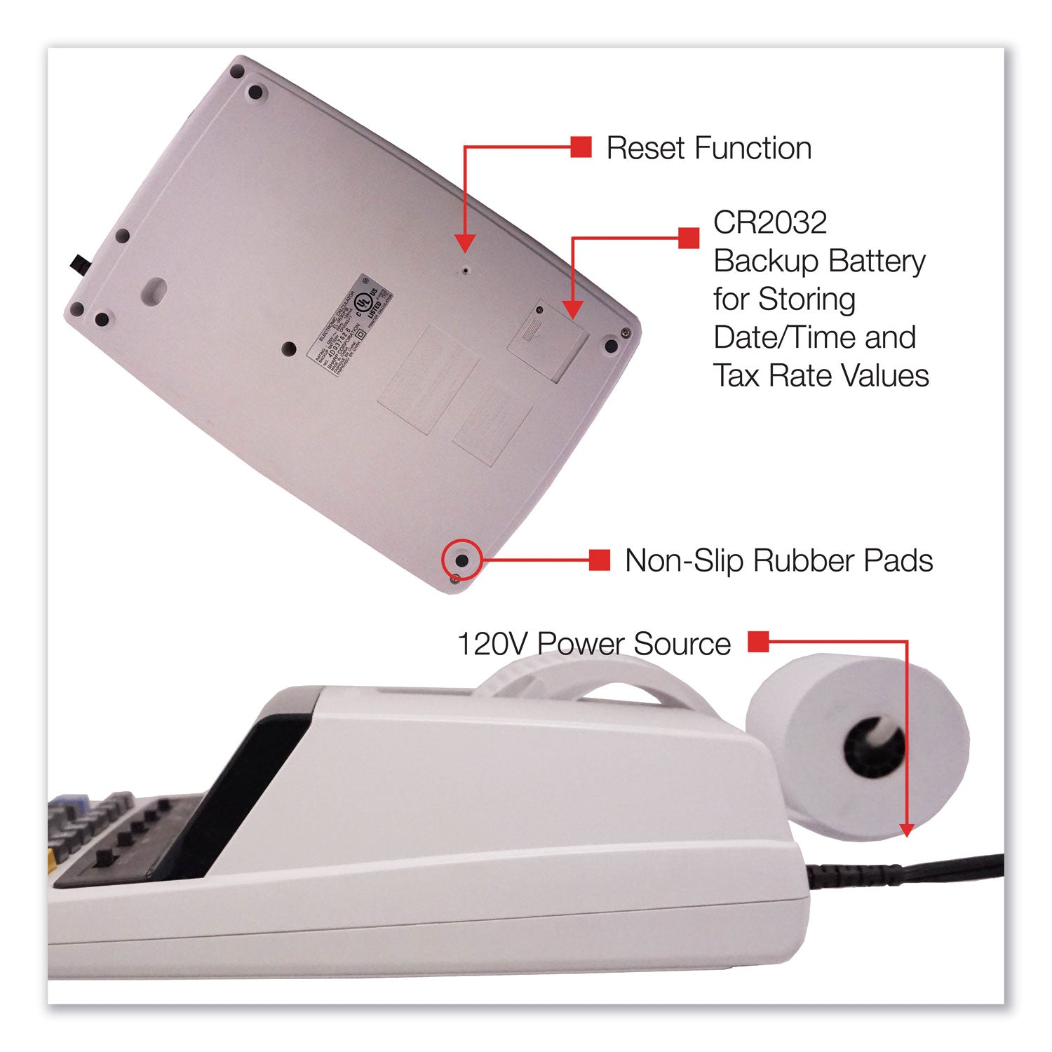 Independent Memory, Sign Change, Backspace Key, Double Zero, Fixed Decimal - AC Supply Powered - 3.1" Height x 9" Width x 13.2" Depth - Off White - 1 Each