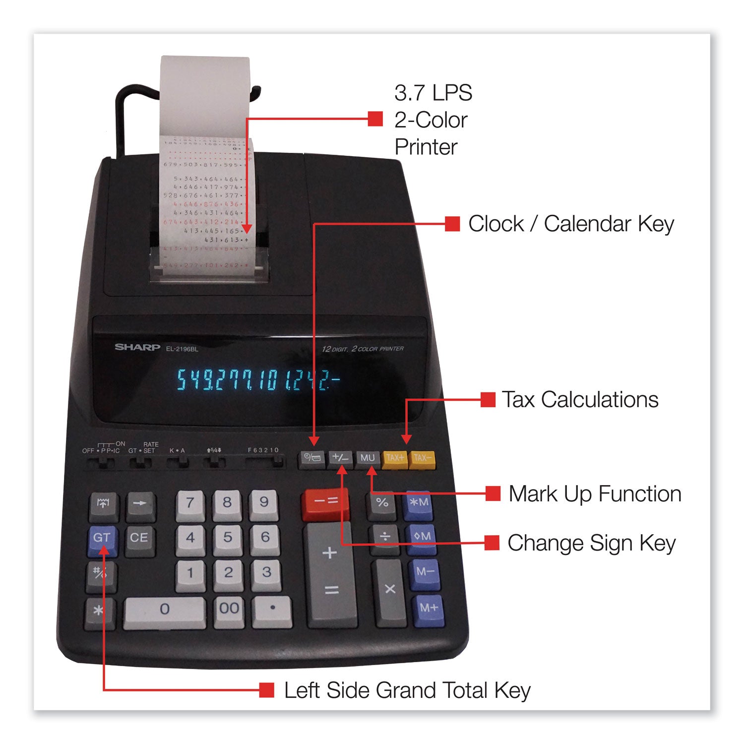 3.7 lps - Independent Memory, Sign Change, Backspace Key, Double Zero - AC Supply Powered - 3.1" Height x 8.7" Width x 12.9" Depth - Black - 1 Each