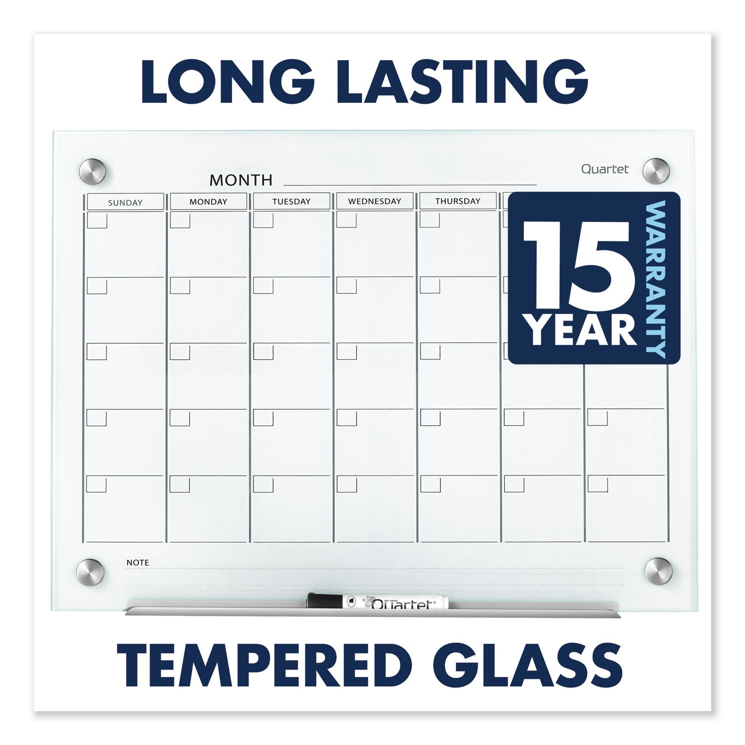 Monthly - 1 Month - White - Tempered Glass - 36" Height x 48" Width - Magnetic, Durable, Stain Resistant, Ghost Resistant, Scratch Resistant, Dent Resistant, Dry Erase Surface, Notes Area - 1 Each