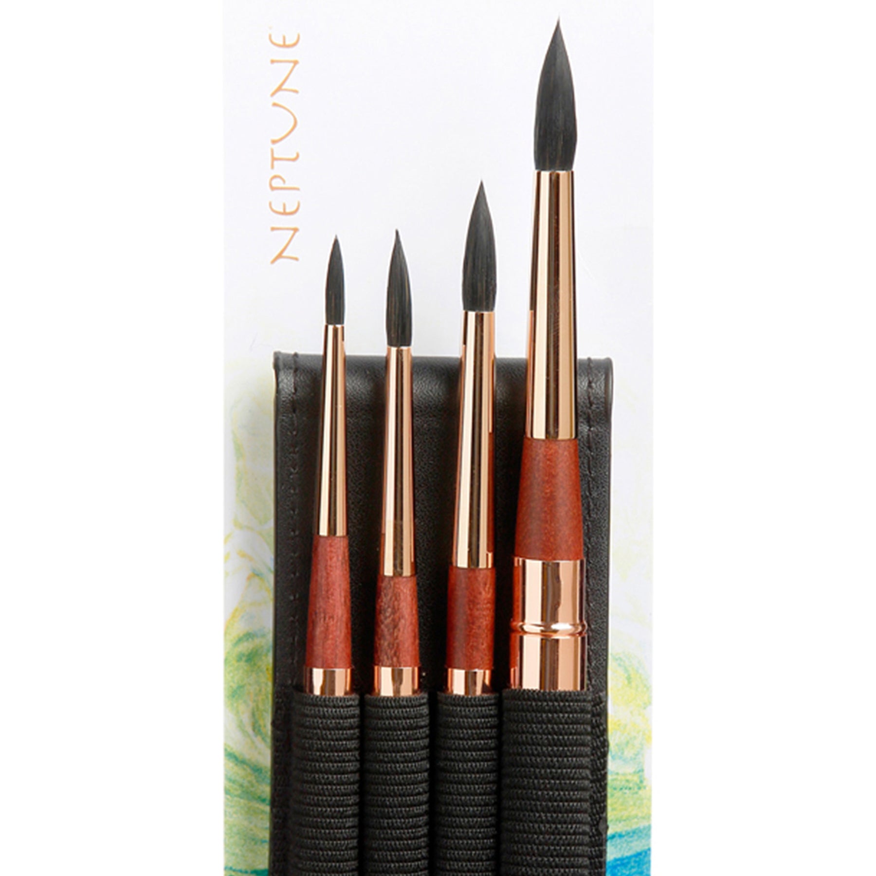 Neptune Watercolor Brush Set, Synthetic Bristles, Short Handle Watercolor Paintbrush, Gold, 4 Pieces