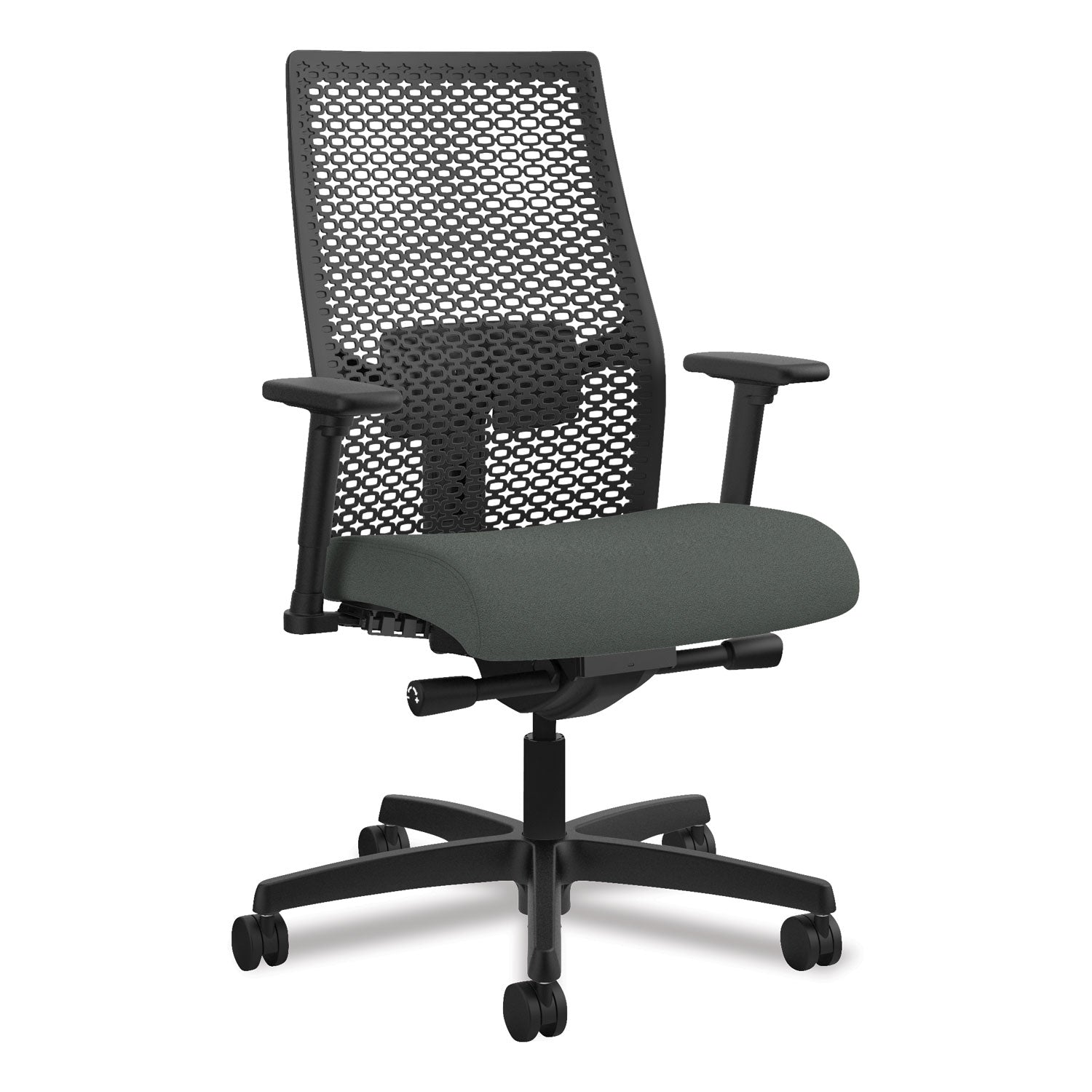HON Ignition ReActiv Chair, Iron Ore Fabric Seat, Black Mesh Mid Back, Adjustable Arms, Black Frame, 1 Each