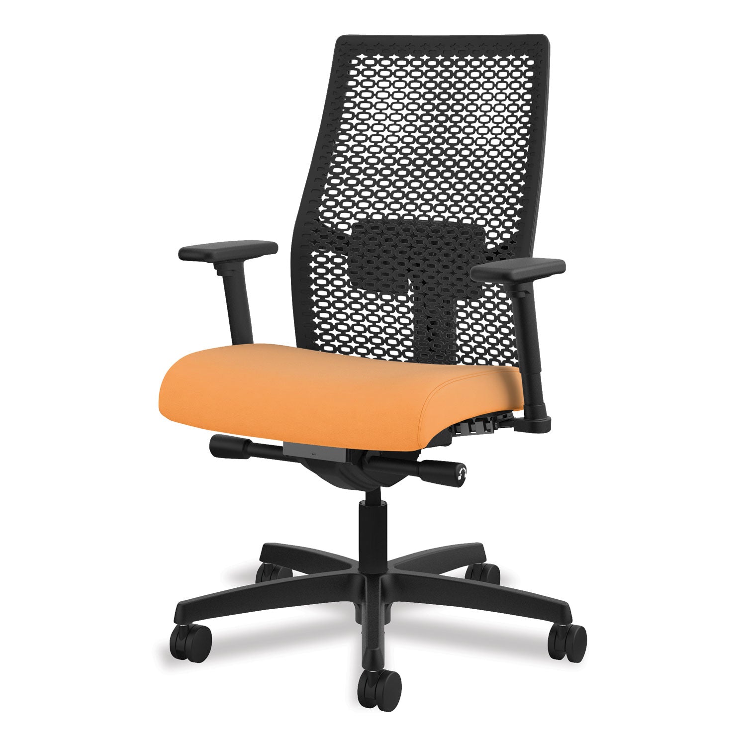 HON Ignition ReActiv Chair, Apricot Fabric Seat, Black Mesh Mid Back, Adjustable Arms, Black Frame, 1 Each