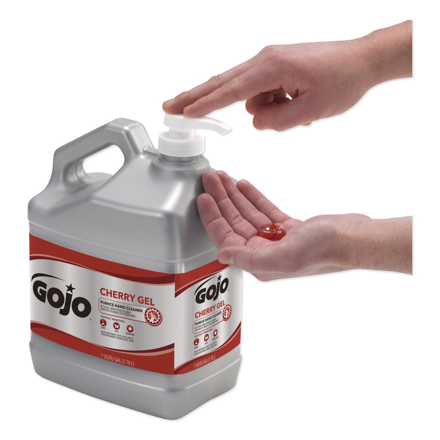 Gojo&reg; Cherry Gel Pumice Hand Cleaner - Cherry Scent - 1 gal - Pump Bottle Dispenser - Dirt Remover, Grease Remover, Oil Remover, Paint Remover, Tar Remover - Red - Heavy Duty, pH Balanced, Pleasant Scent - 1 Each