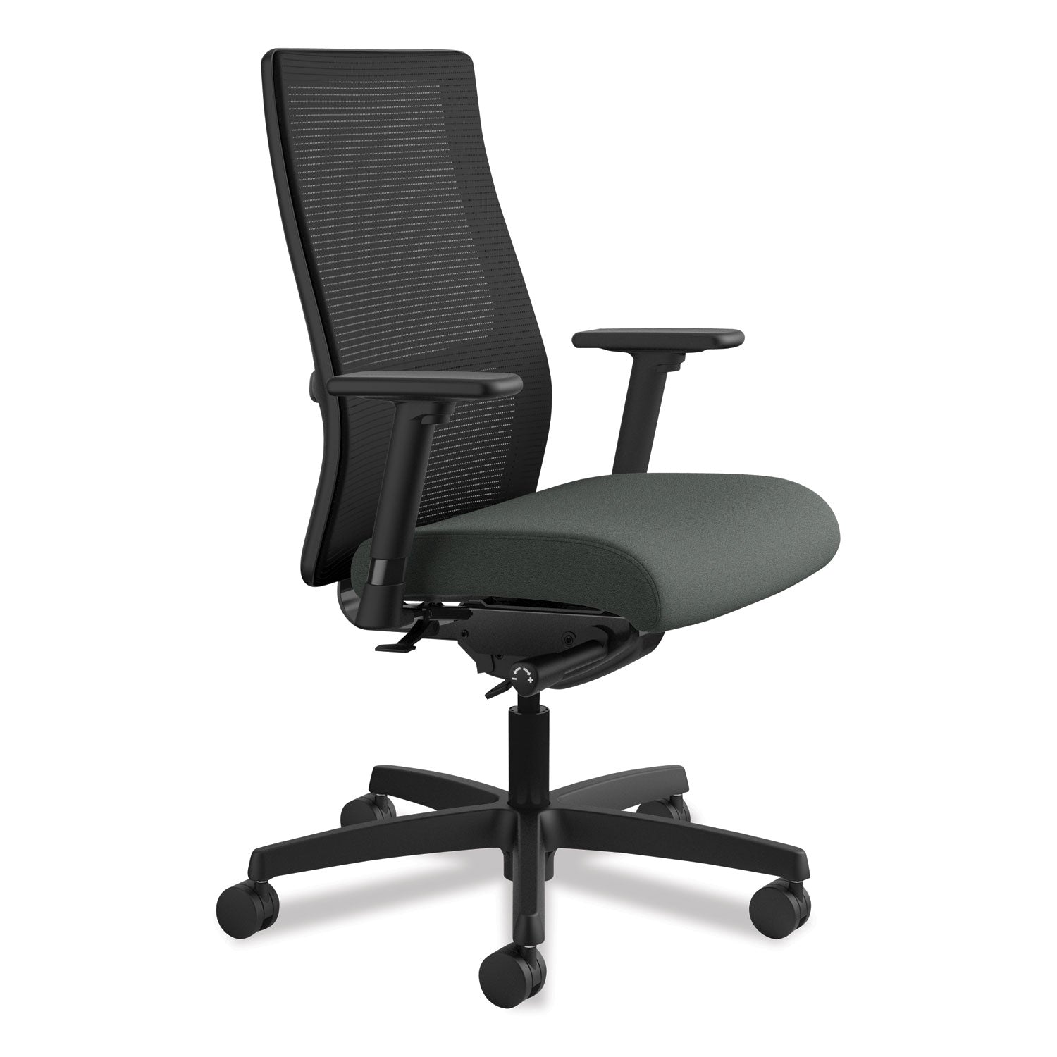 HON Ignition Mid-Back Task Chair, Iron Ore Fabric Seat, Black Mesh Back, Adjustable Arms, 5-Star Black Base, 1 Each