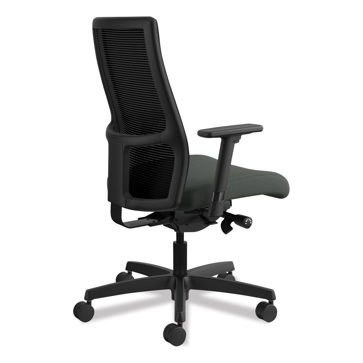 HON Ignition Mid-Back Task Chair, Iron Ore Fabric Seat, Black Mesh Back, Adjustable Arms, 5-Star Black Base, 1 Each