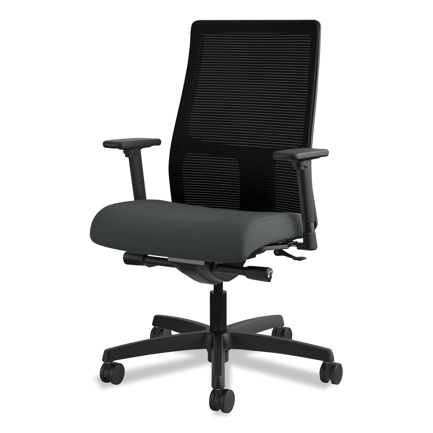HON Ignition Mid-Back Task Chair, Iron Ore Fabric Seat, Black Mesh Back, Adjustable Arms, 5-Star Black Base, 1 Each