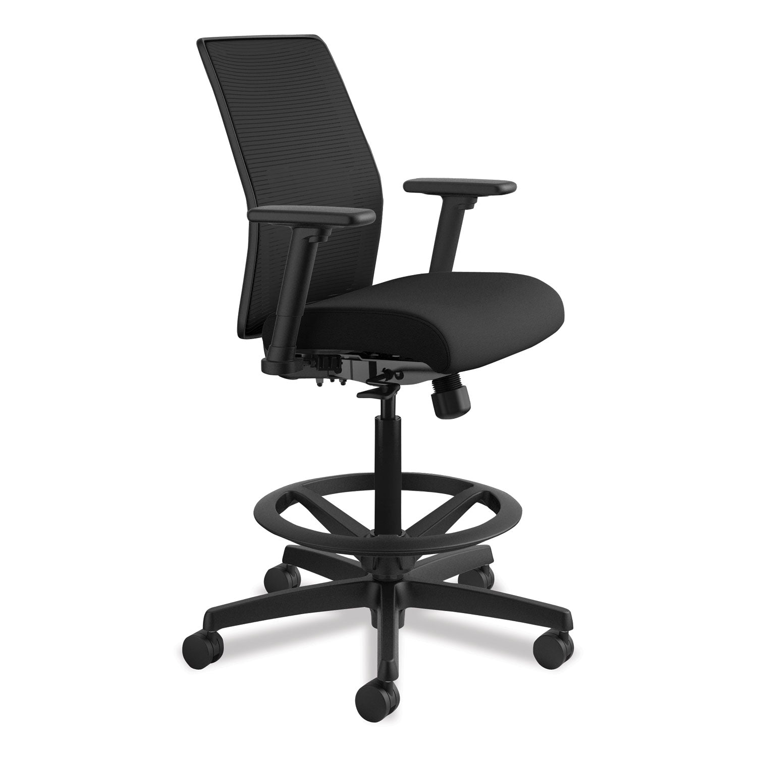 HON Ignition Mesh Back Task Stool, Black Seat and Frame, Low Back, 5-Star Base, Adjustable Arms, 1 Each