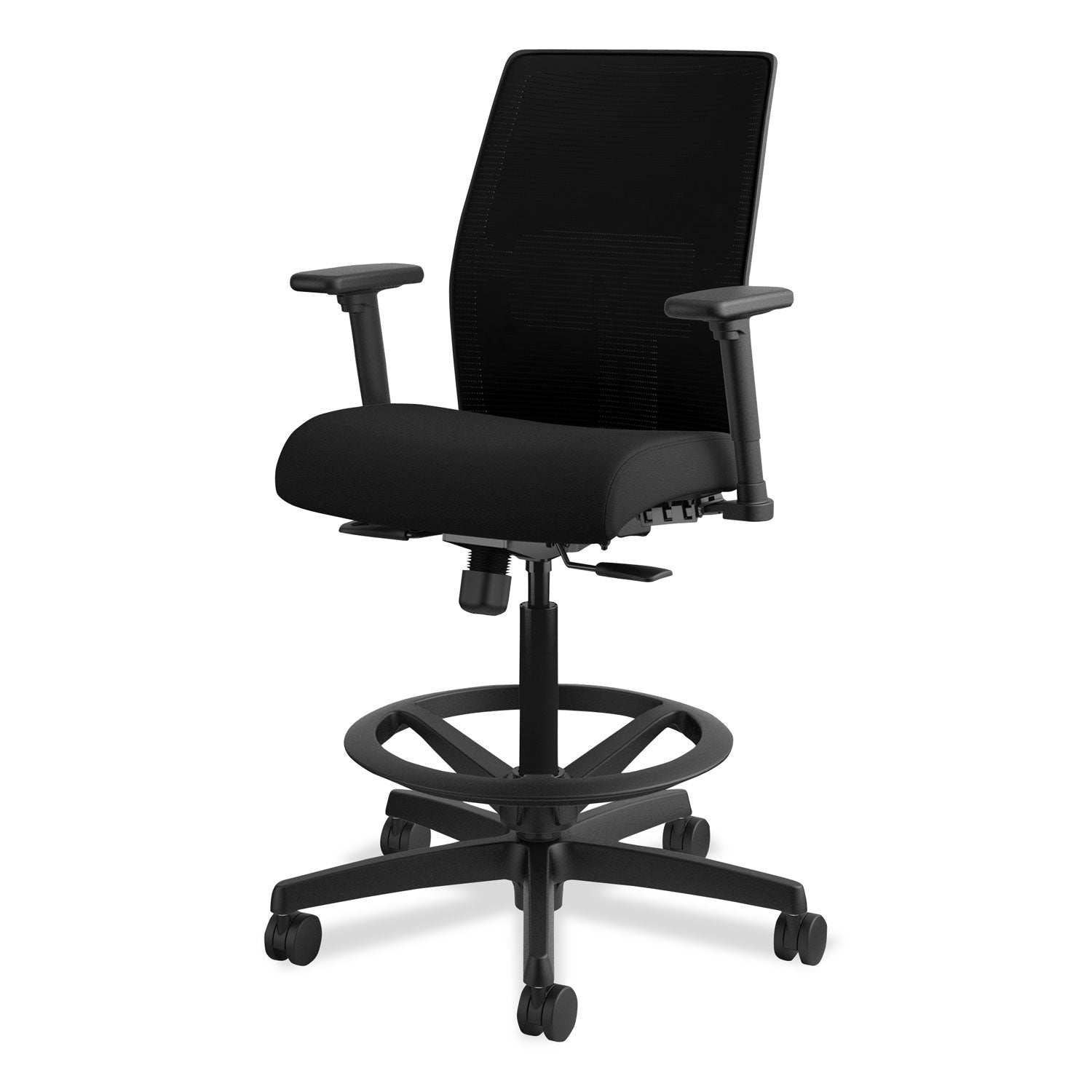 HON Ignition Mesh Back Task Stool, Black Seat and Frame, Low Back, 5-Star Base, Adjustable Arms, 1 Each