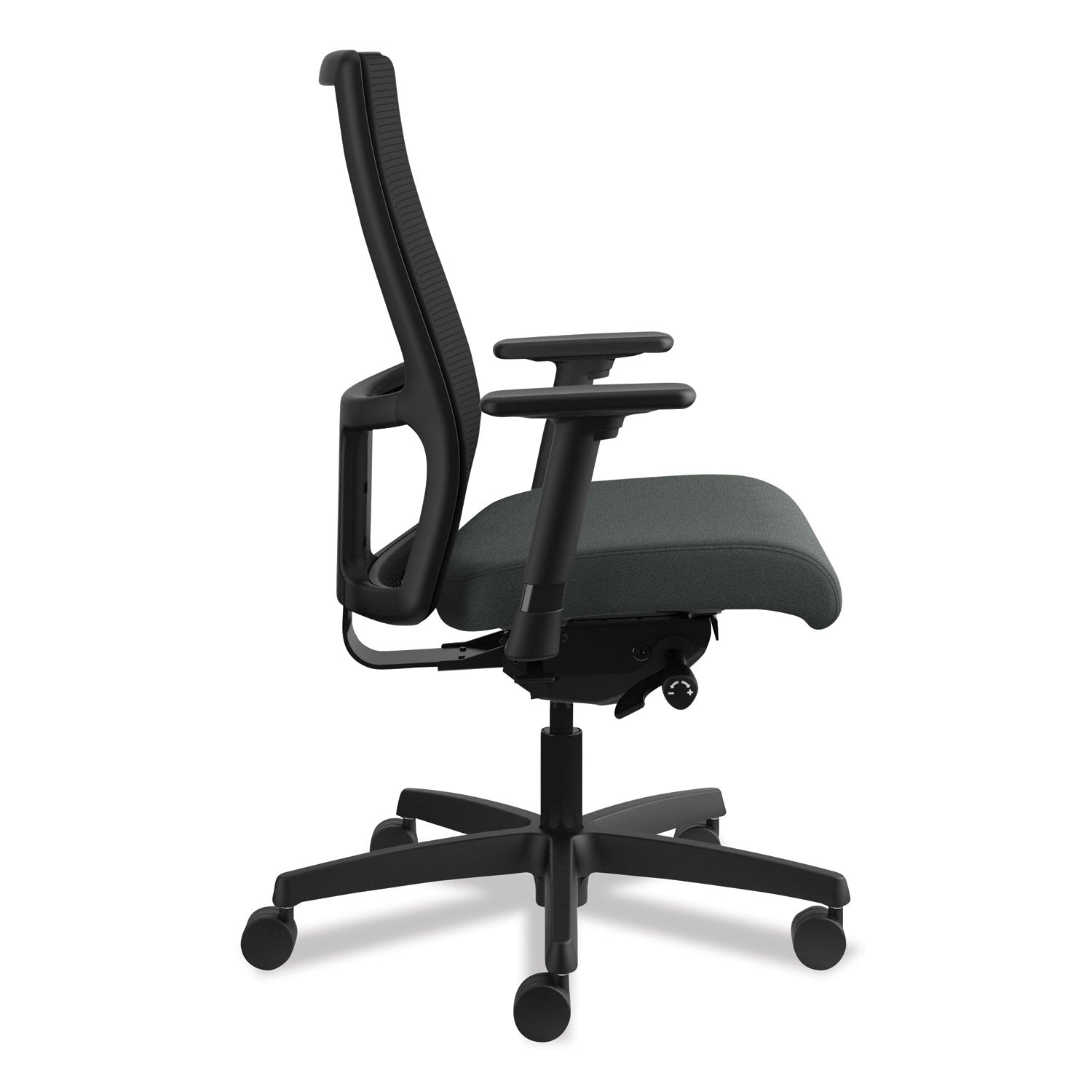 HON Ignition Mid-Back Task Chair, Iron Ore Fabric Seat, Black Mesh Back, Adjustable Arms, 5-Star Black Base, 1 Each
