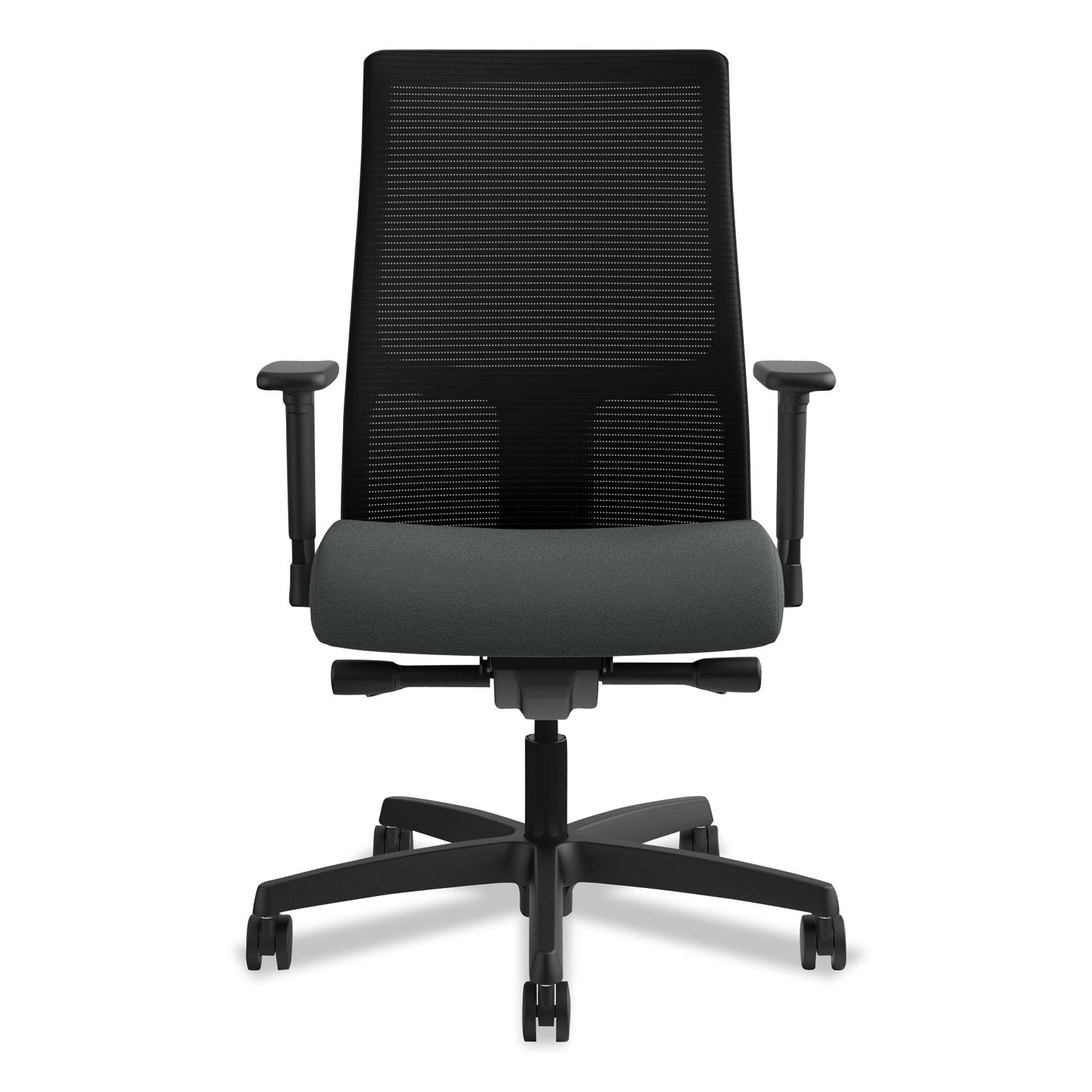HON Ignition Mid-Back Task Chair, Iron Ore Fabric Seat, Black Mesh Back, Adjustable Arms, 5-Star Black Base, 1 Each