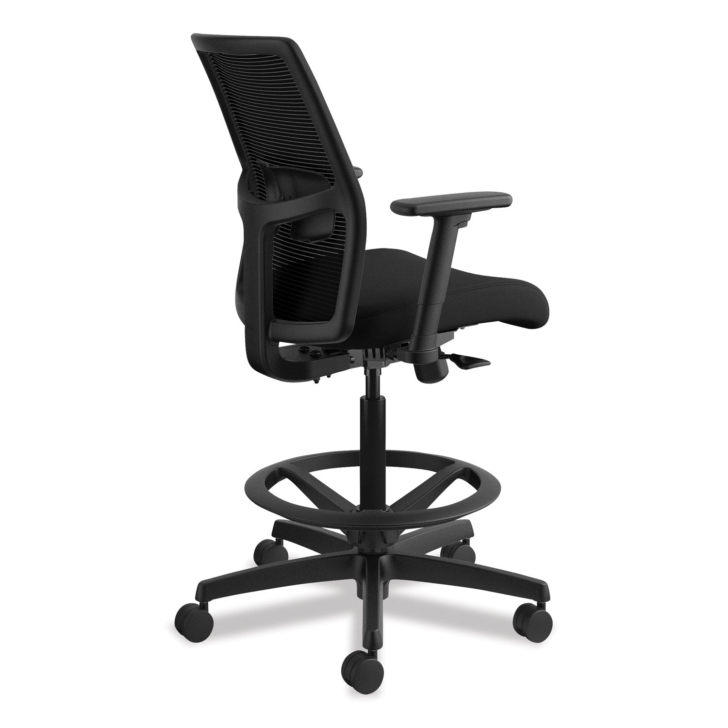 HON Ignition Mesh Back Task Stool, Black Seat and Frame, Low Back, 5-Star Base, Adjustable Arms, 1 Each