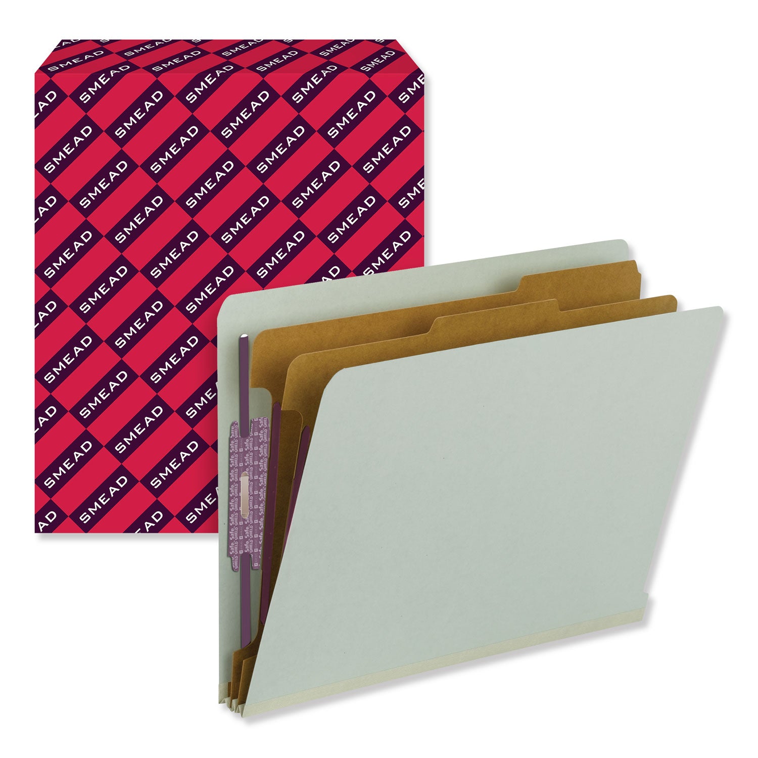Smead End Tab Pressboard Classification Folders, Letter Size, 2" Expansion, 2 Fasteners, 2 Dividers, Straight Tab, Gray/Green, 100% Recycled, 10/Box