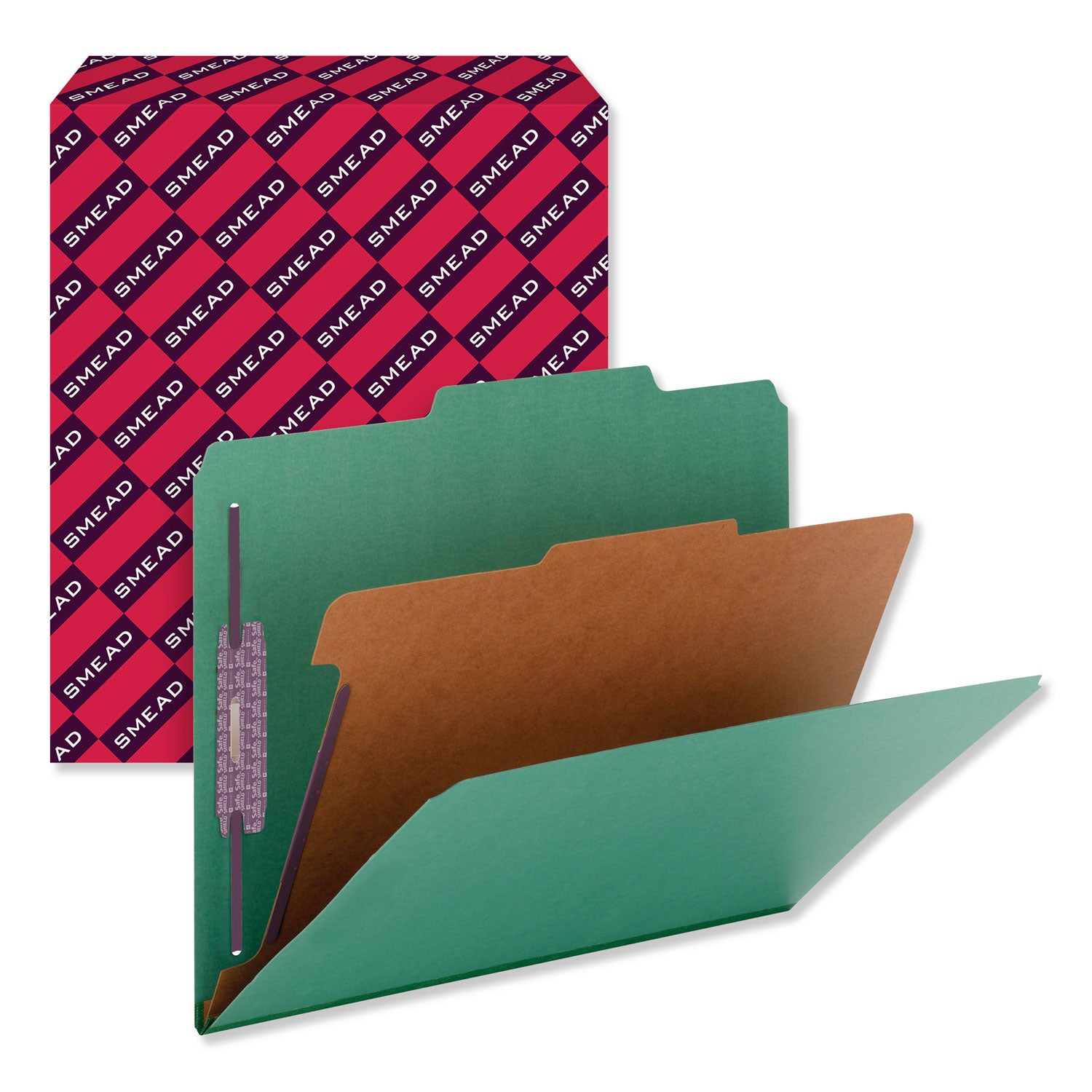 Smead SafeSHIELD 2/5 Tab Cut Letter Size Recycled Classification Folders, 2" Expansion, 1 Divider, 2 Fasteners, Green, Heavy Duty Pressboard, 10/Box