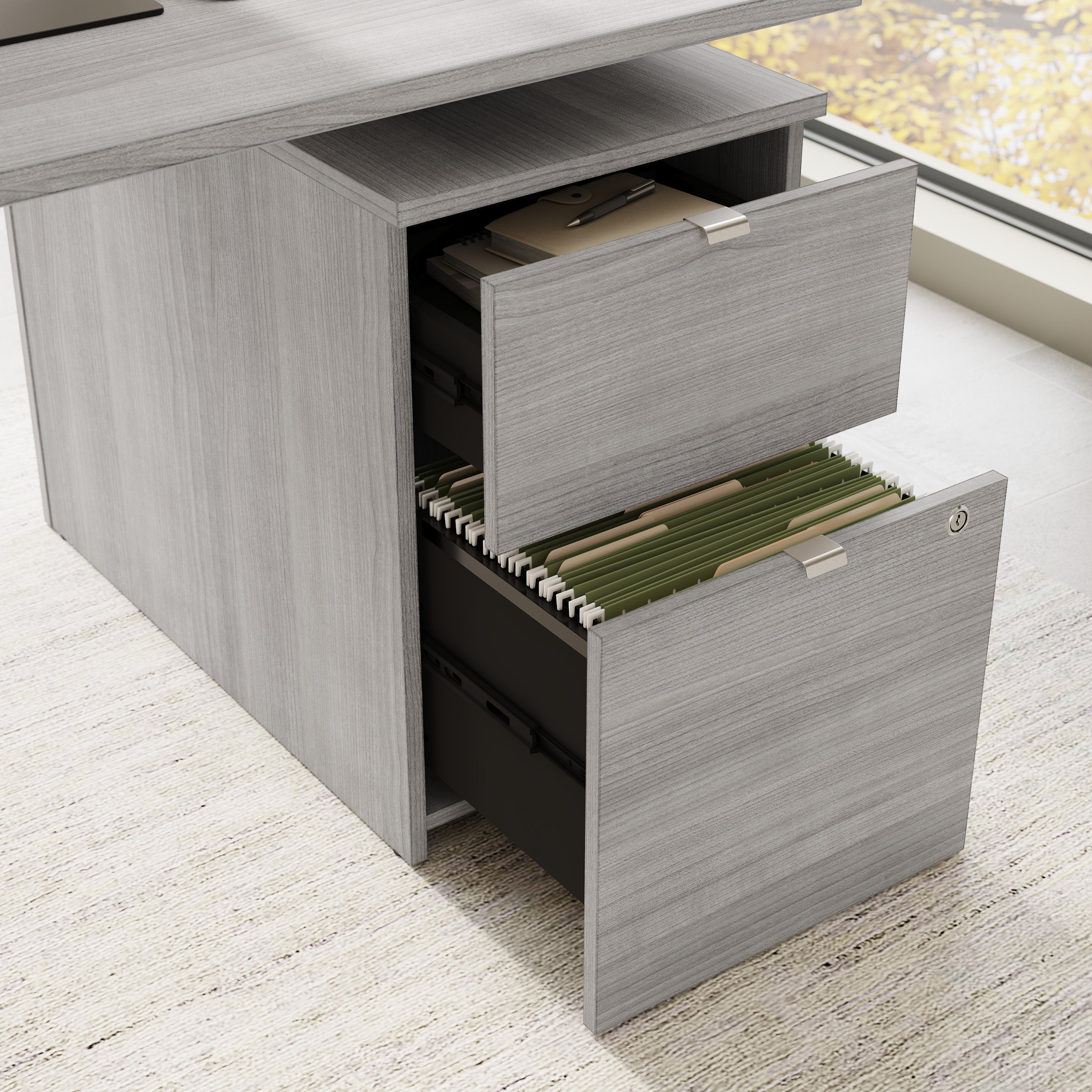 Bush Business Furniture Stratus&nbsp;72W x&nbsp;30D Eletric Height Adjustable Standing Desk with File Cabinet in Platinum Gray with Metallic Gray Base - 71.02" Width x 29.37" Depth x 27.44" Height
