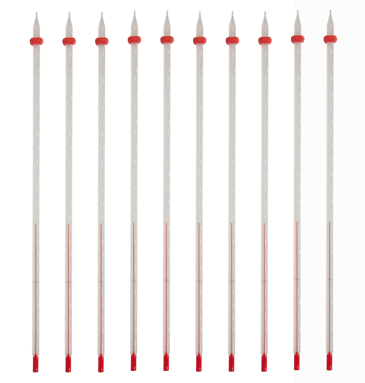 Thermometer Laboratory Red Alcohol Filled, Ungraduated with a Temperature Range of -20°C to 110°C, White Back, Partial Immersion, Pack of 10