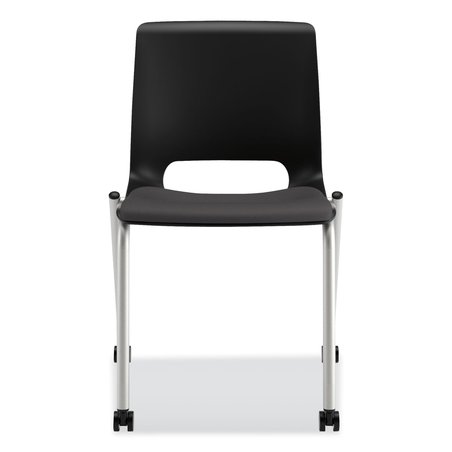 HON Motivate Chair, Black Fabric Seat, Black Plastic Back, Platinum Metallic Reinforced Resin Frame, Onyx/Black, No Arms, Casters, Stackable, 2 Chairs per Carton