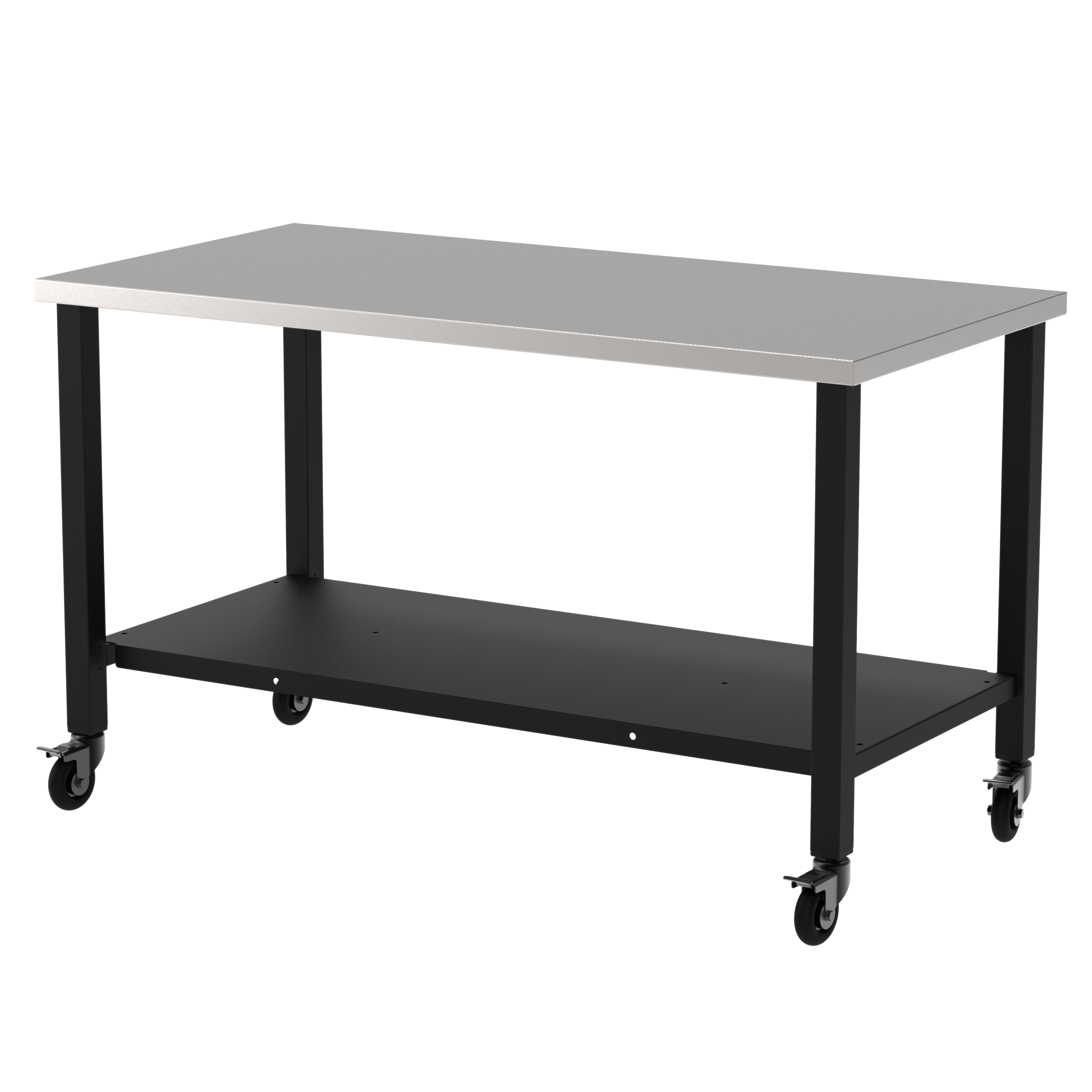 Fabrication Prep Table Fixed Height 36"H X 60"W X 30"D  Carbon Steel Top, Four Leg Frame, Powder Coated Black, Lower Shelf Powder Coated Black, Swivel Locking Casters(Caster need to be assembled.)