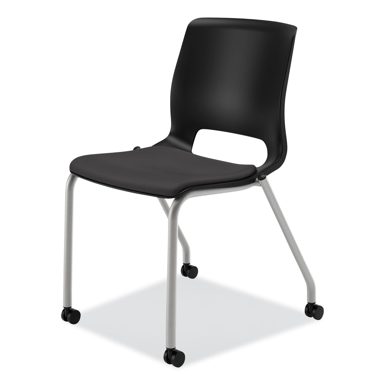 HON Motivate Chair, Black Fabric Seat, Black Plastic Back, Platinum Metallic Reinforced Resin Frame, Onyx/Black, No Arms, Casters, Stackable, 2 Chairs per Carton