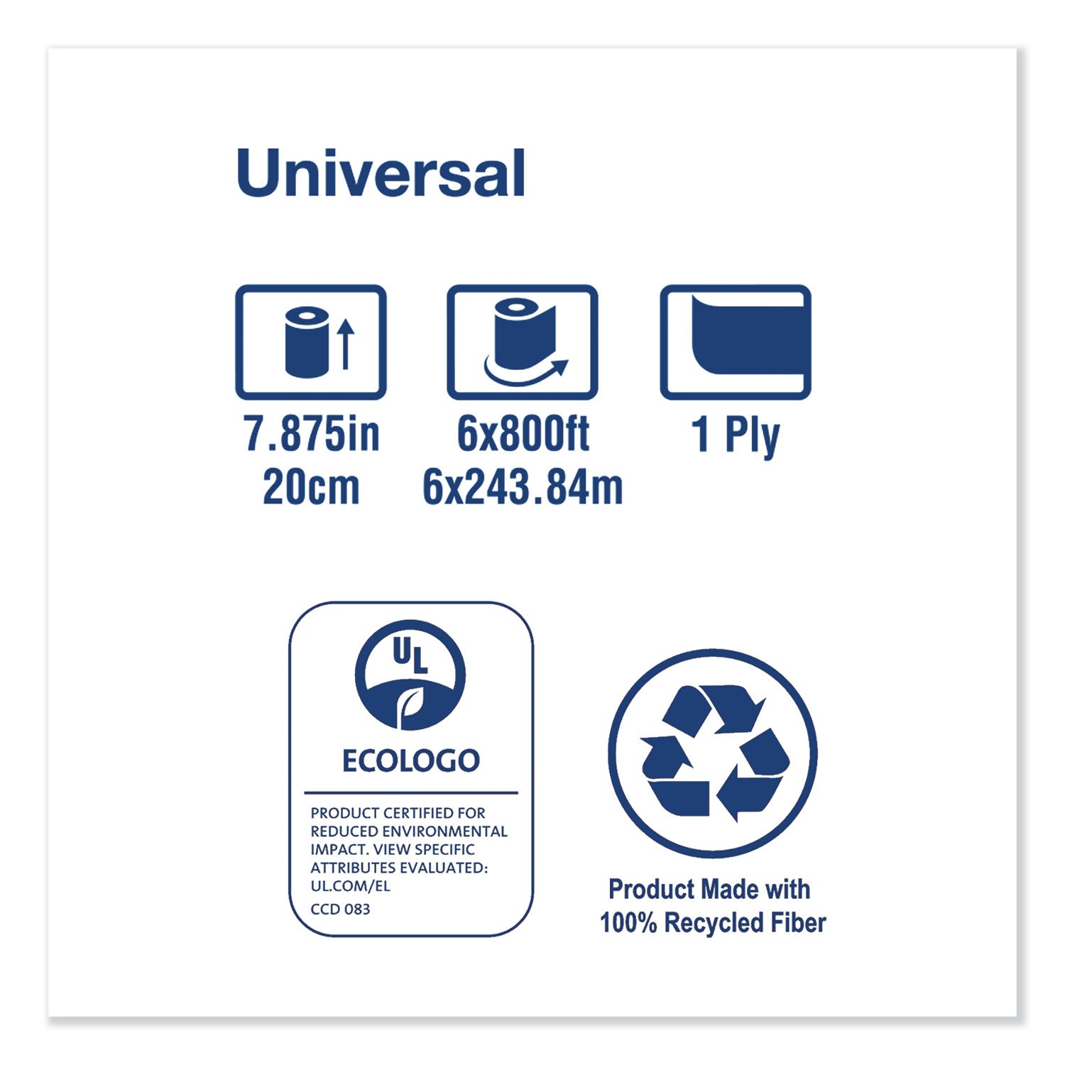 Universal Hardwound Roll Towel, 1-Ply, 7.88" x 800 ft, Natural, 6/Carton