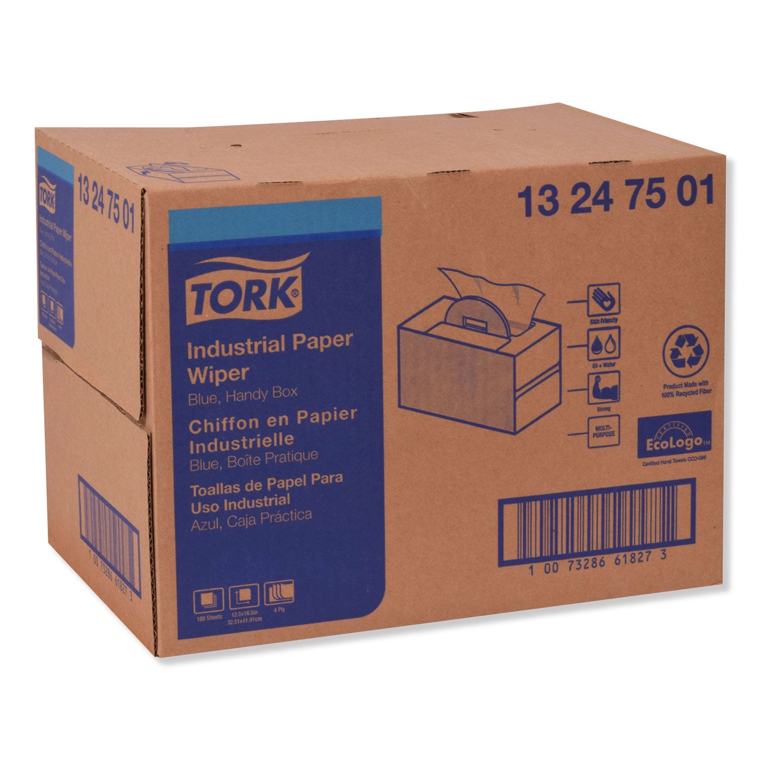 Industrial Paper Wiper, 4-Ply, 12.8 x 16.5, Unscented, Blue, 180/Carton