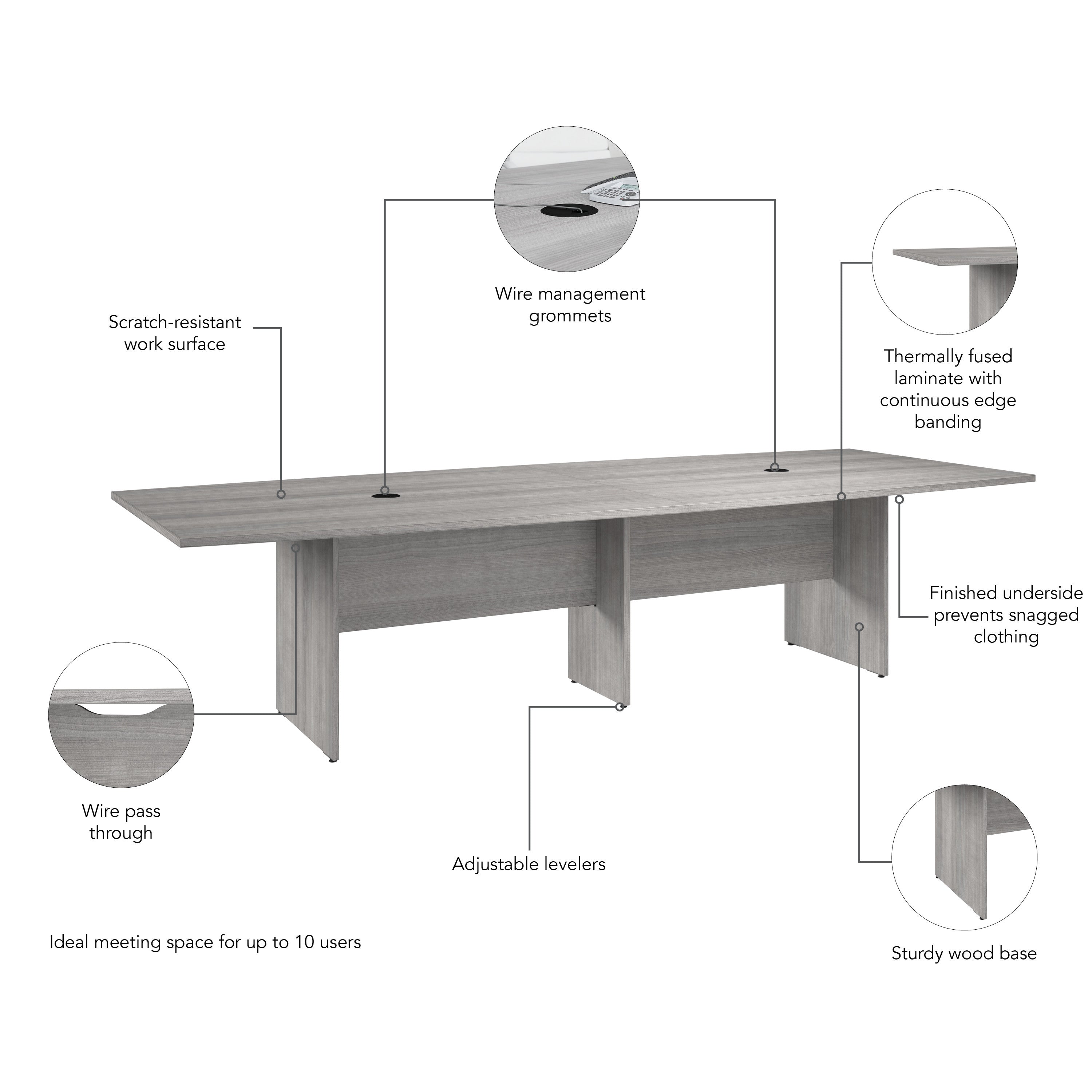 Bush Business Furniture 120-inch Office Conference Table with Wood Base in Platinum Gray - 119.21" Width x 47.52" Depth x 28.65" Height