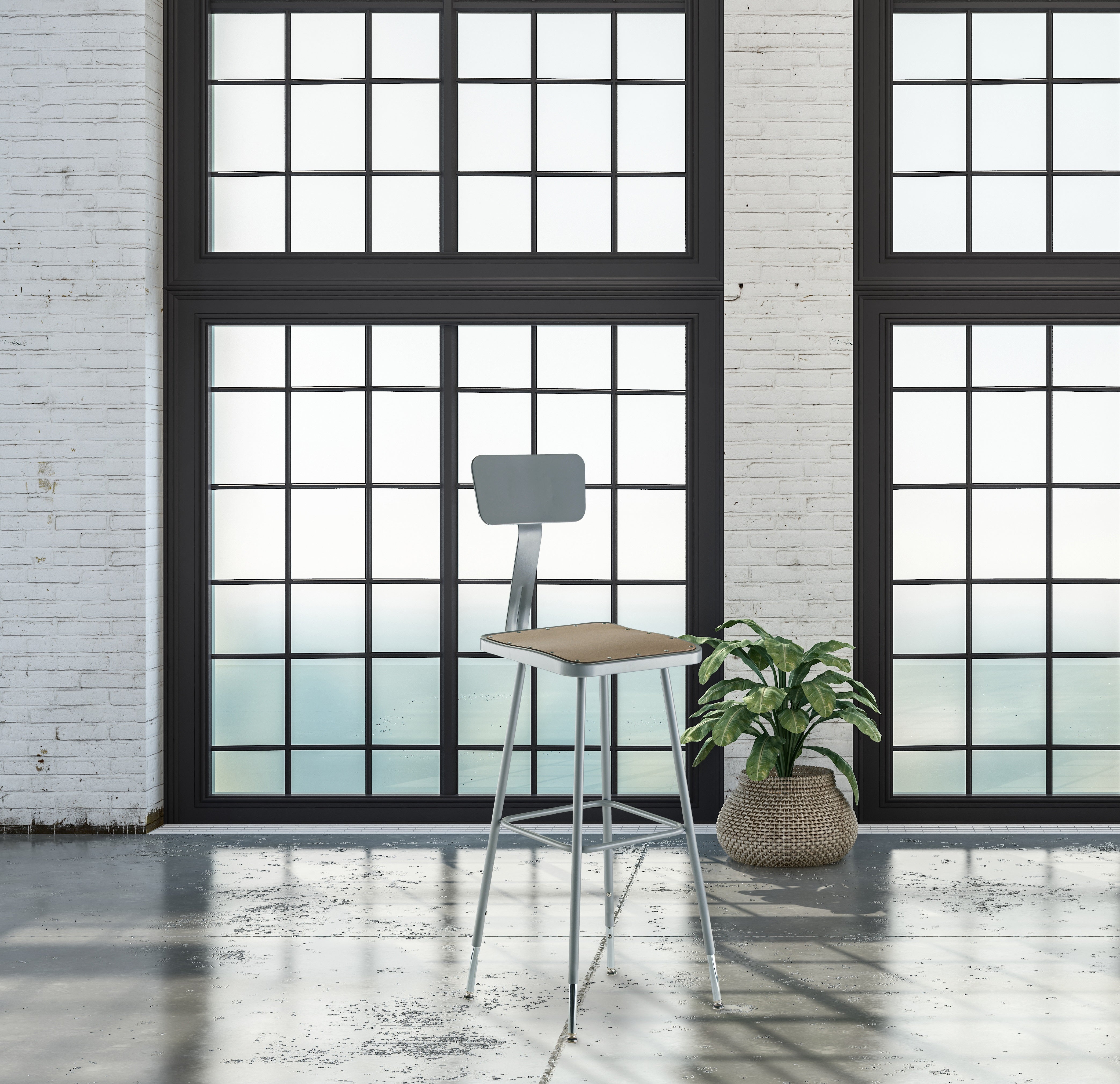 NPS® 32"-39" Height Adjustable Heavy Duty Square Seat Steel Stool with Backrest, Surface Color: Masonite Wood, Frame Color: Grey
