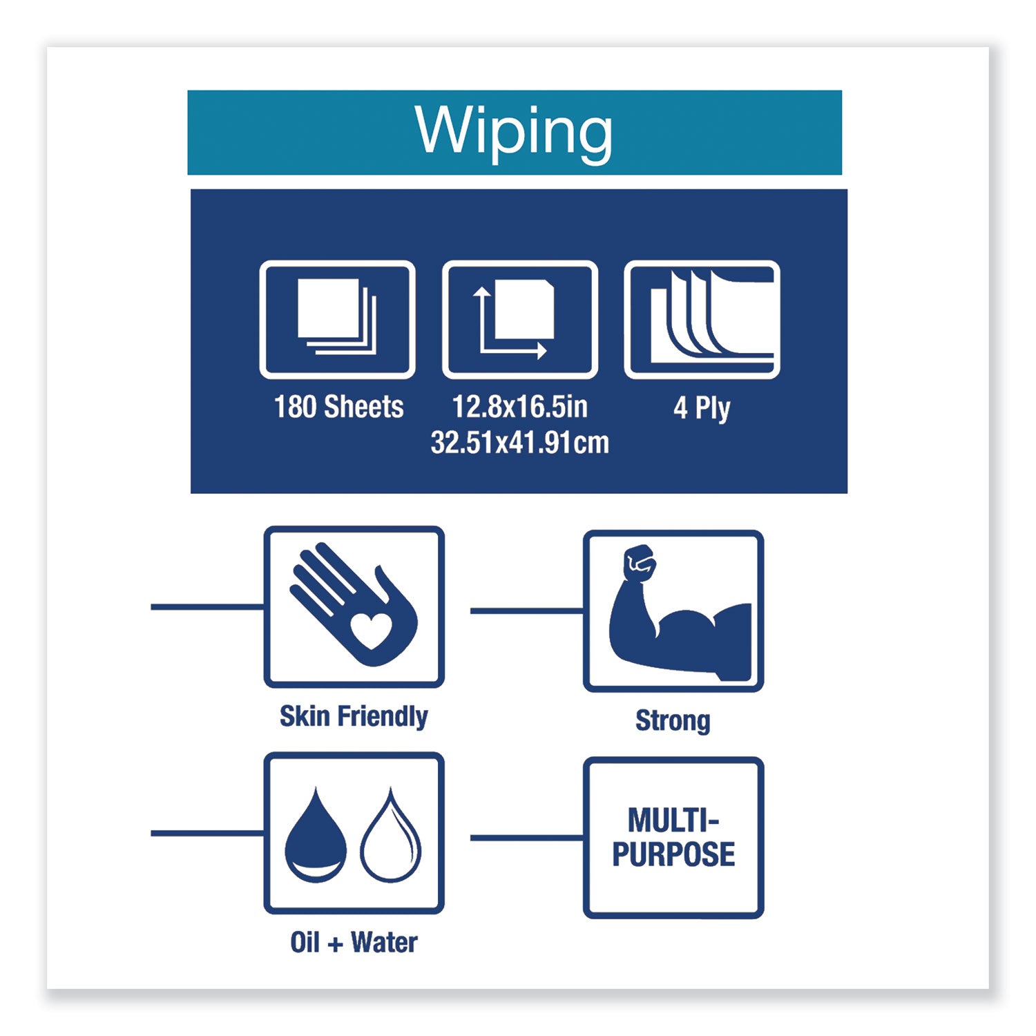 Industrial Paper Wiper, 4-Ply, 12.8 x 16.5, Unscented, Blue, 180/Carton