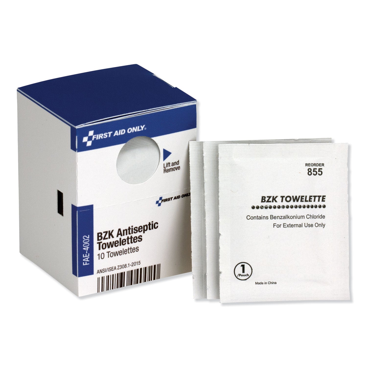 First Aid Only BZK Antiseptic Towelettes, 4.75" x 7.75", White, 10 Towelettes per Box