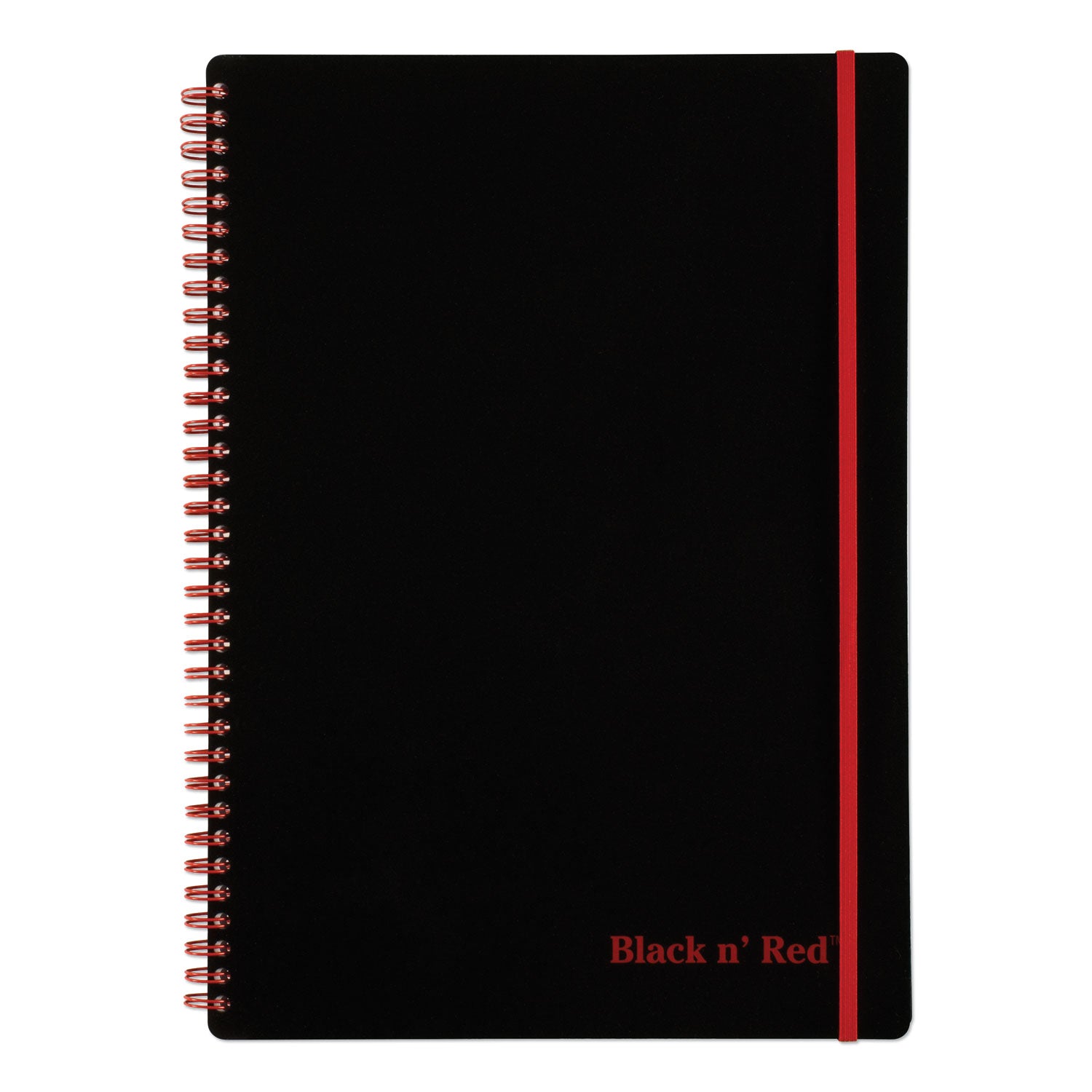 Black n' Red Soft Cover Business Notebook, 70 Sheets, 8 1/4" x 11 3/4", Twin Wirebound, Ruled Margin, 24 lb White Paper, Red Binding, Black Polypropylene Cover, Perforated, Flexible, Wipe-clean, Strap, 1 Each