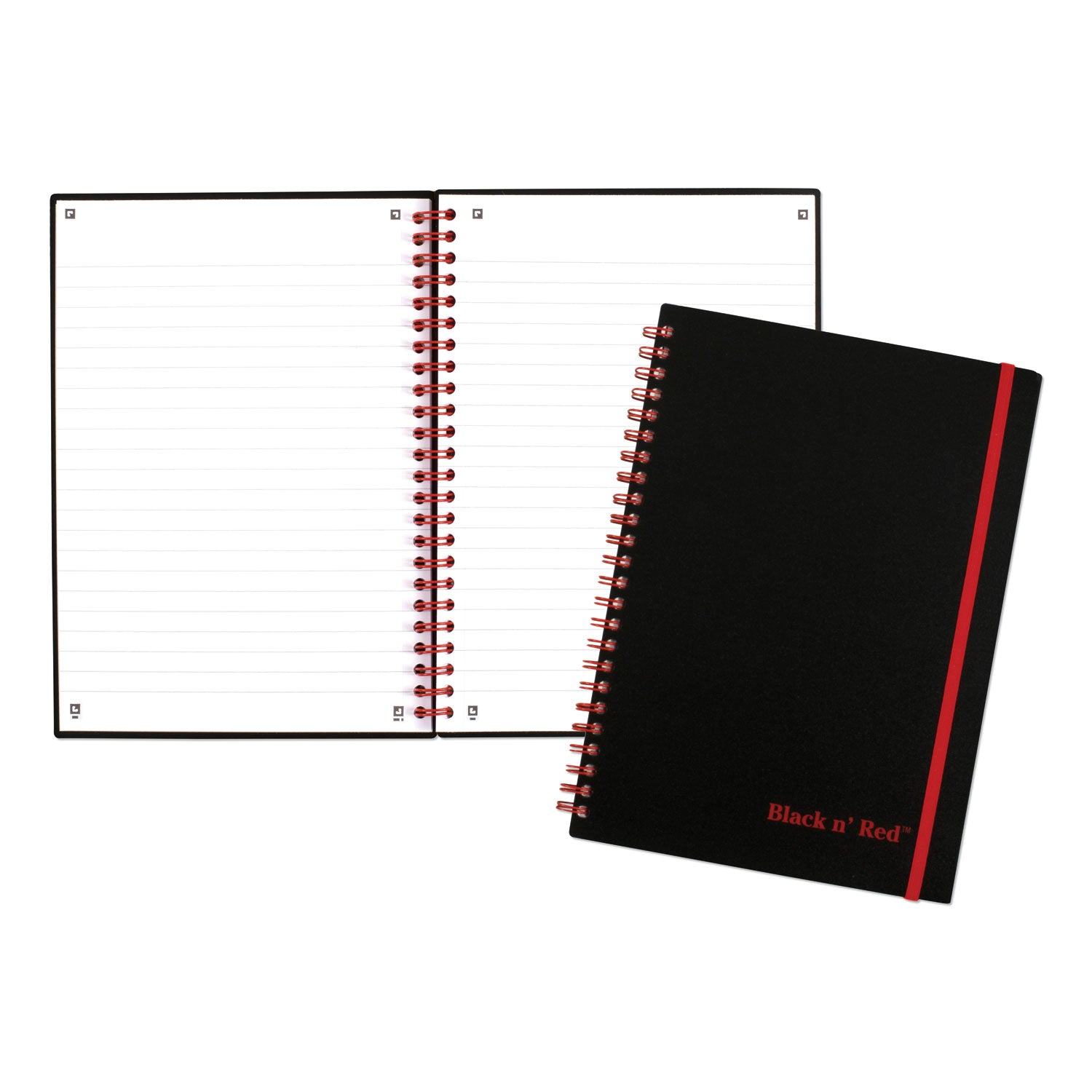 Black n' Red Business Notebook - 70 Sheets - Wire Bound - 24 lb Basis Weight - A5 - 5 7/8" x 8 1/4" Sheet Size - White Paper - Red Binding - Black Polypropylene Cover - Perforated, Wipe-clean Cover, Rigid, Strap, Micro Perforated - 1 Each