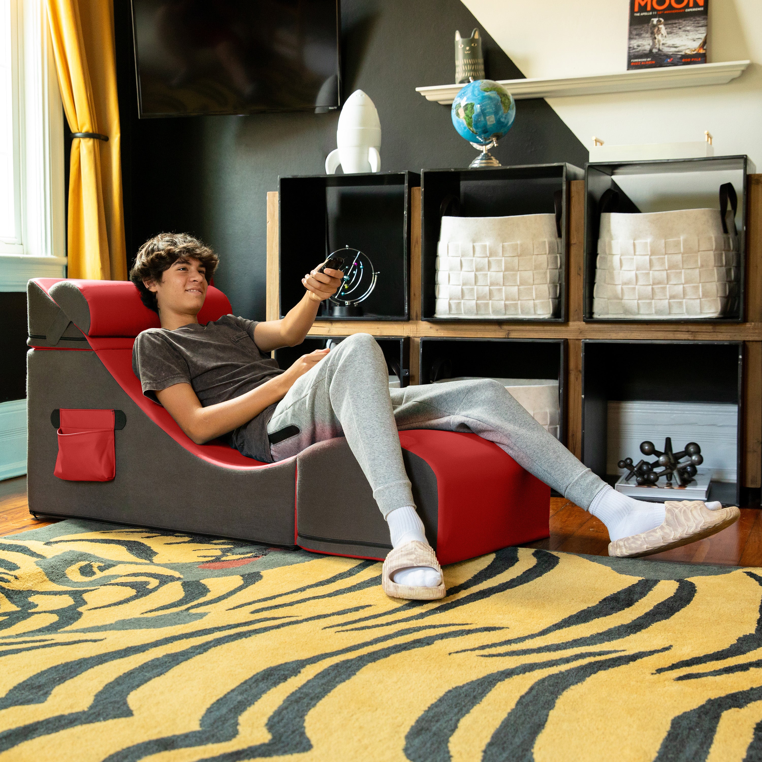 Jaxx Flexx V-Tex Convertible 3 in 1 Gamer Chair, Table, & Ottoman w/ Adjustable Headrest & Pocket - Vinyl Red
