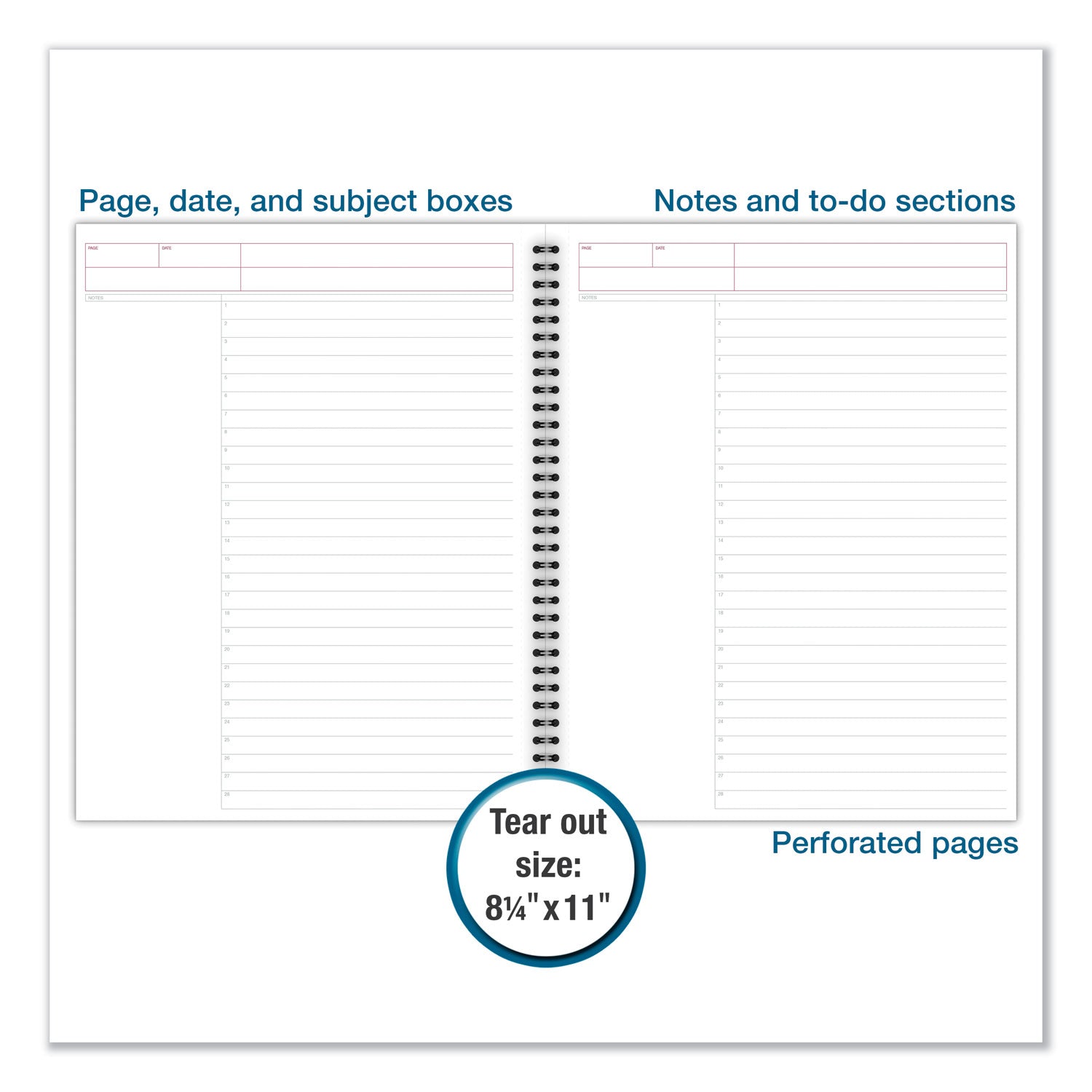 80 Sheets - Double Wire Spiral - 0.34" Ruled - 20 lb Basis Weight - Letter - 8 1/2" x 11" Sheet Size - White Paper - Black Binding - Black Linen Cover - Bond Paper, Perforated, Subject - 1 Each