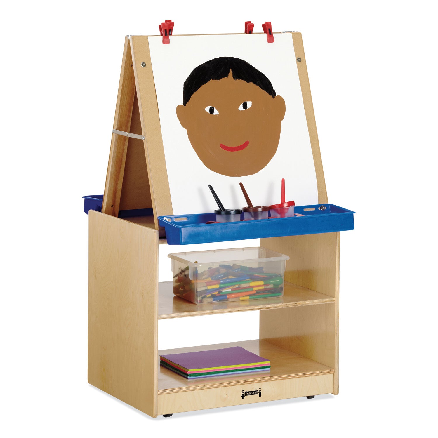 Jonti-Craft Rainbow Accents Multi-Station Art Center, Baltic, Floor Standing, Wheels, Laminated, Easy to Clean, Rounded Corners, Removable Easel, Storage Shelf, Yellowing Resistant, 1 Each