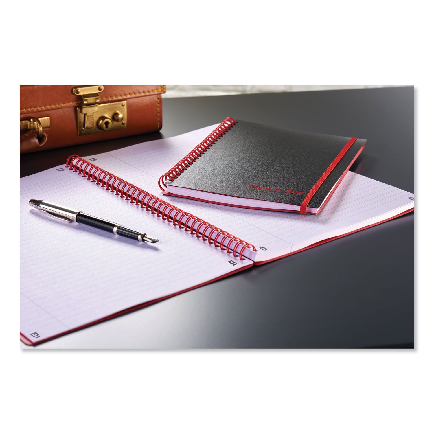 Black n' Red Soft Cover Business Notebook, 70 Sheets, 8 1/4" x 11 3/4", Twin Wirebound, Ruled Margin, 24 lb White Paper, Red Binding, Black Polypropylene Cover, Perforated, Flexible, Wipe-clean, Strap, 1 Each