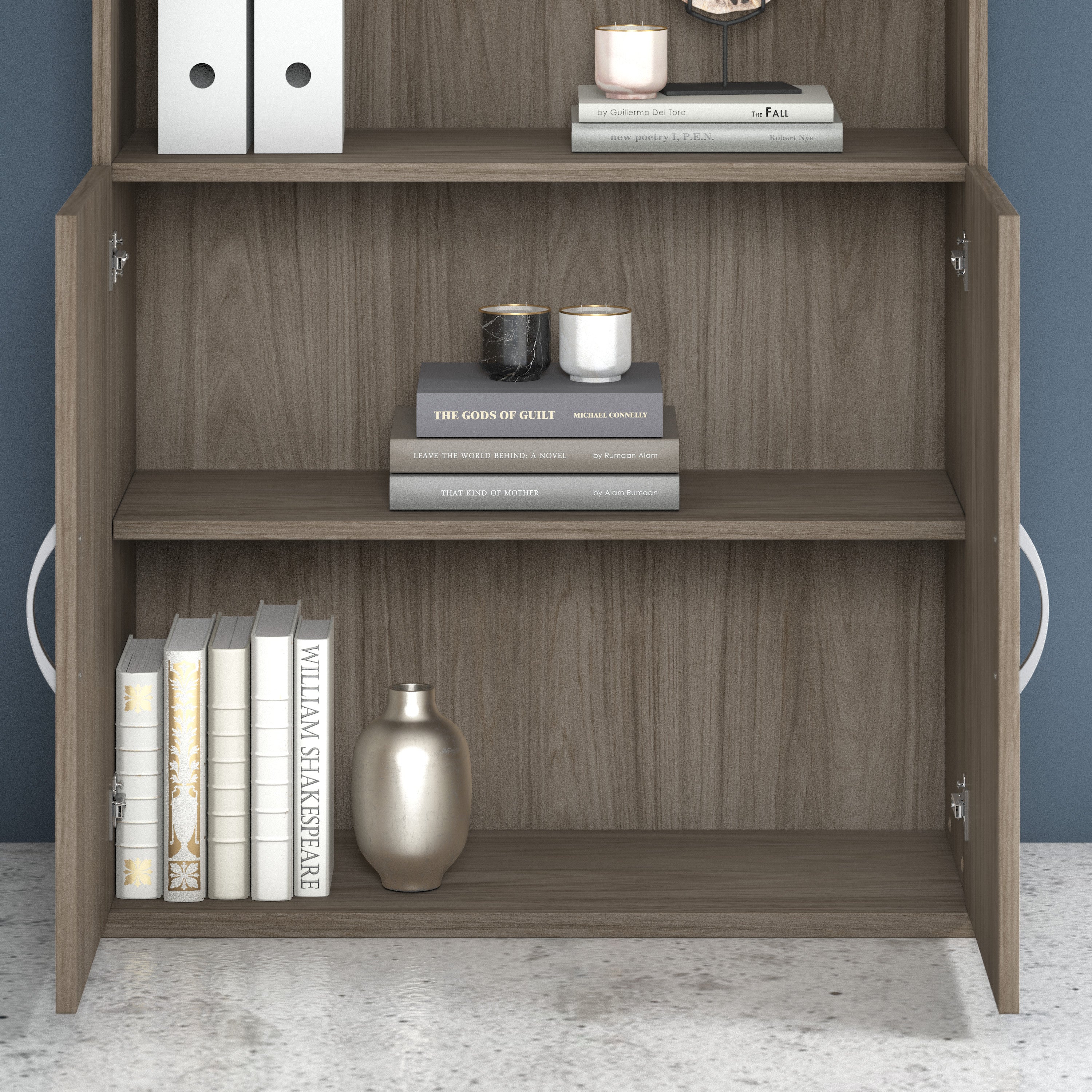 Bush Business Furniture Studio C Tall 5 Shelf Bookcase with Doors in Modern Hickory - 35.71" Width x 15.43" Depth x 72.8" Height