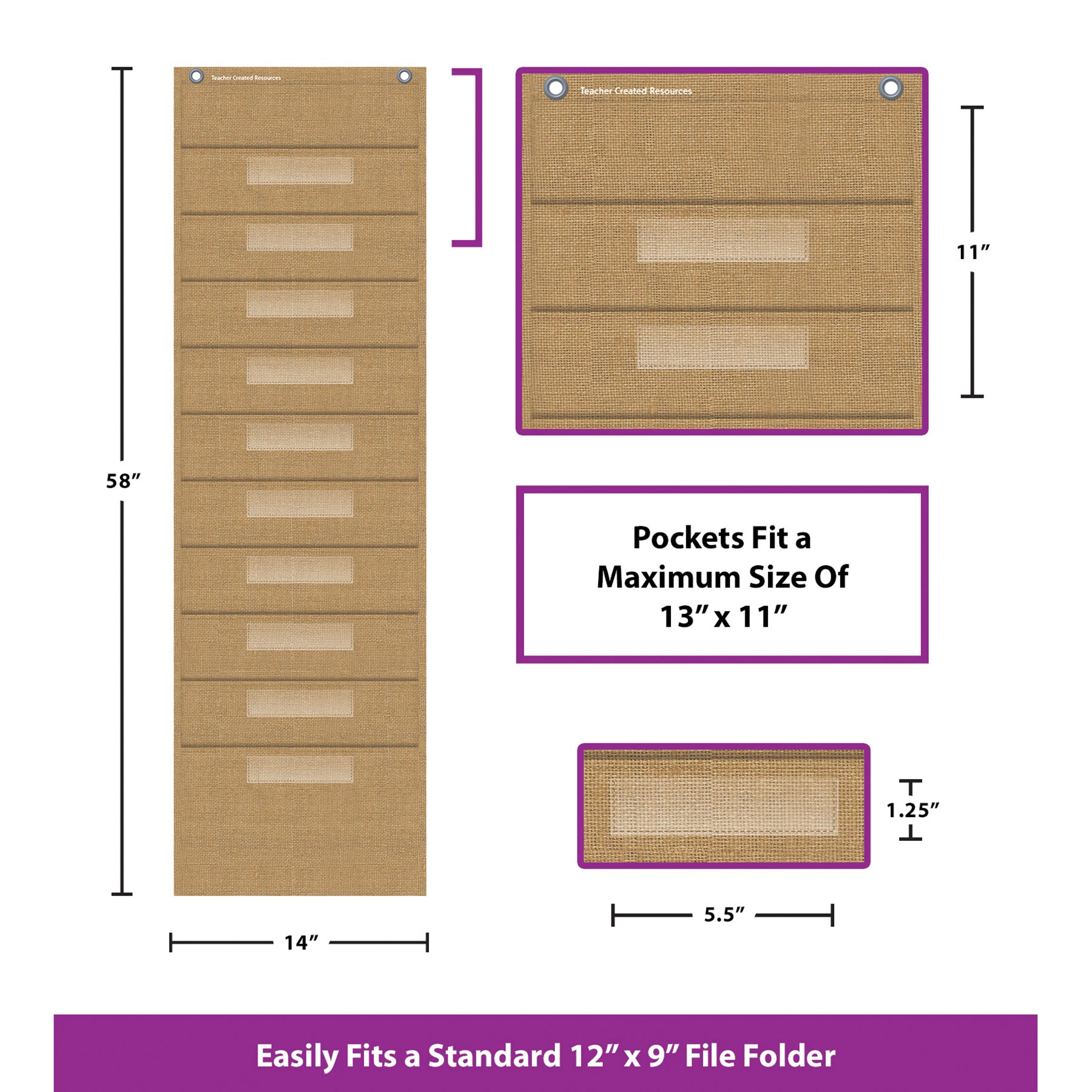 Burlap 10 Pocket File Storage Pocket Chart (14" x 58")