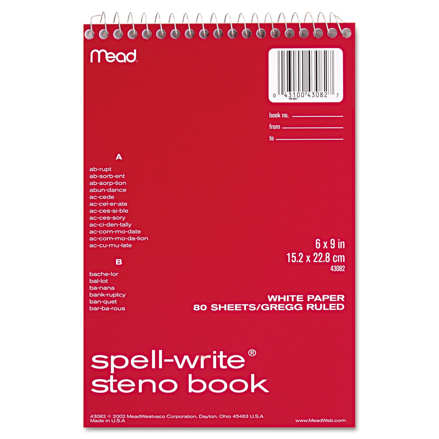 Mead Spell-Write Steno Book - 80 Sheets - 6" x 9" Sheet Size - White Paper - 1 Each