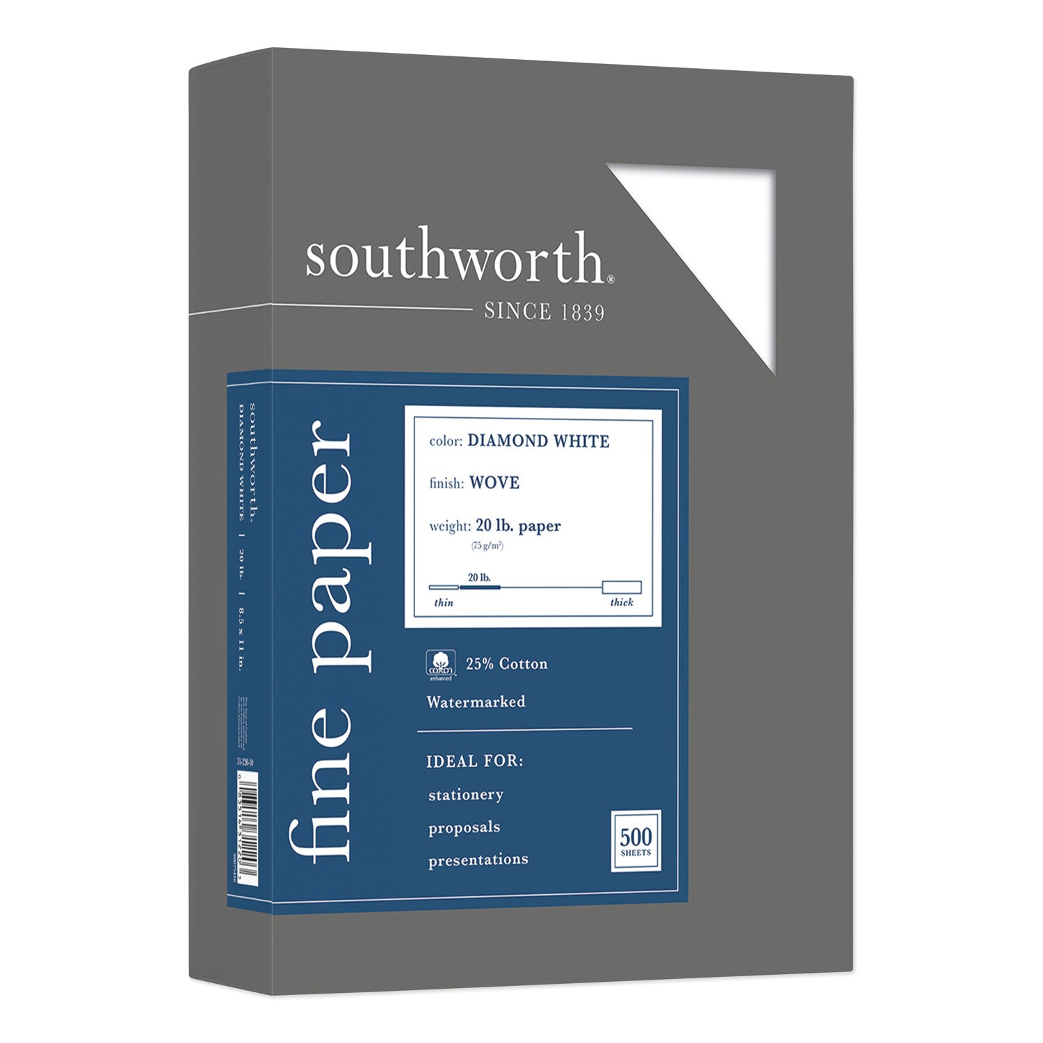 Southworth 25% Cotton Business Paper - Letter - 8 1/2" x 11" - 20 lb Basis Weight - Wove - Acid-free, Watermarked - Diamond White - 1 Box