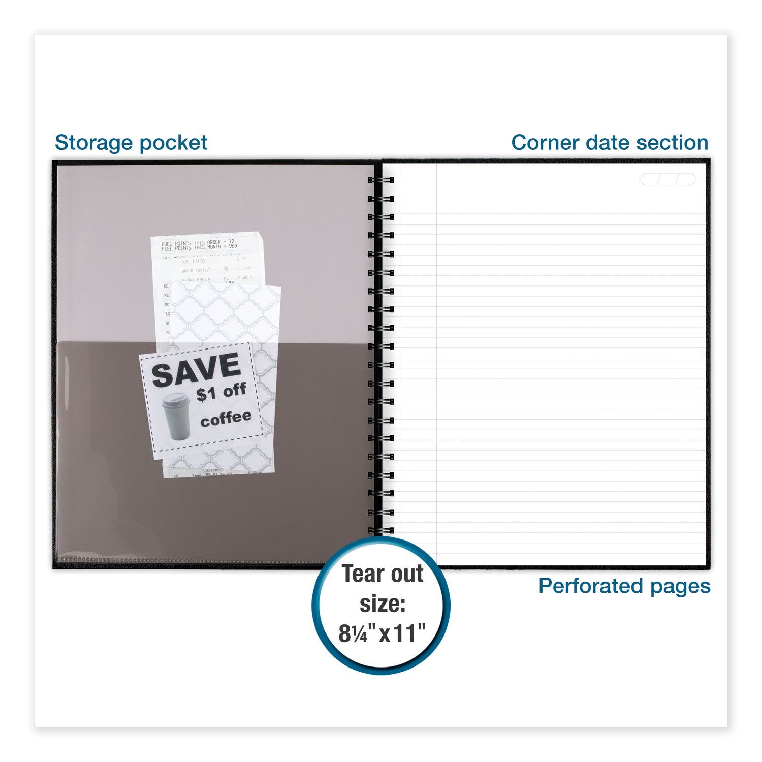 96 Sheets - Wire Bound - 0.28" Ruled - 20 lb Basis Weight - Letter - 8 1/2" x 11" Sheet Size - White Paper - Black Linen Cover - Pocket, Tab, Bond Paper, Perforated, Bleed-free - 1 Each