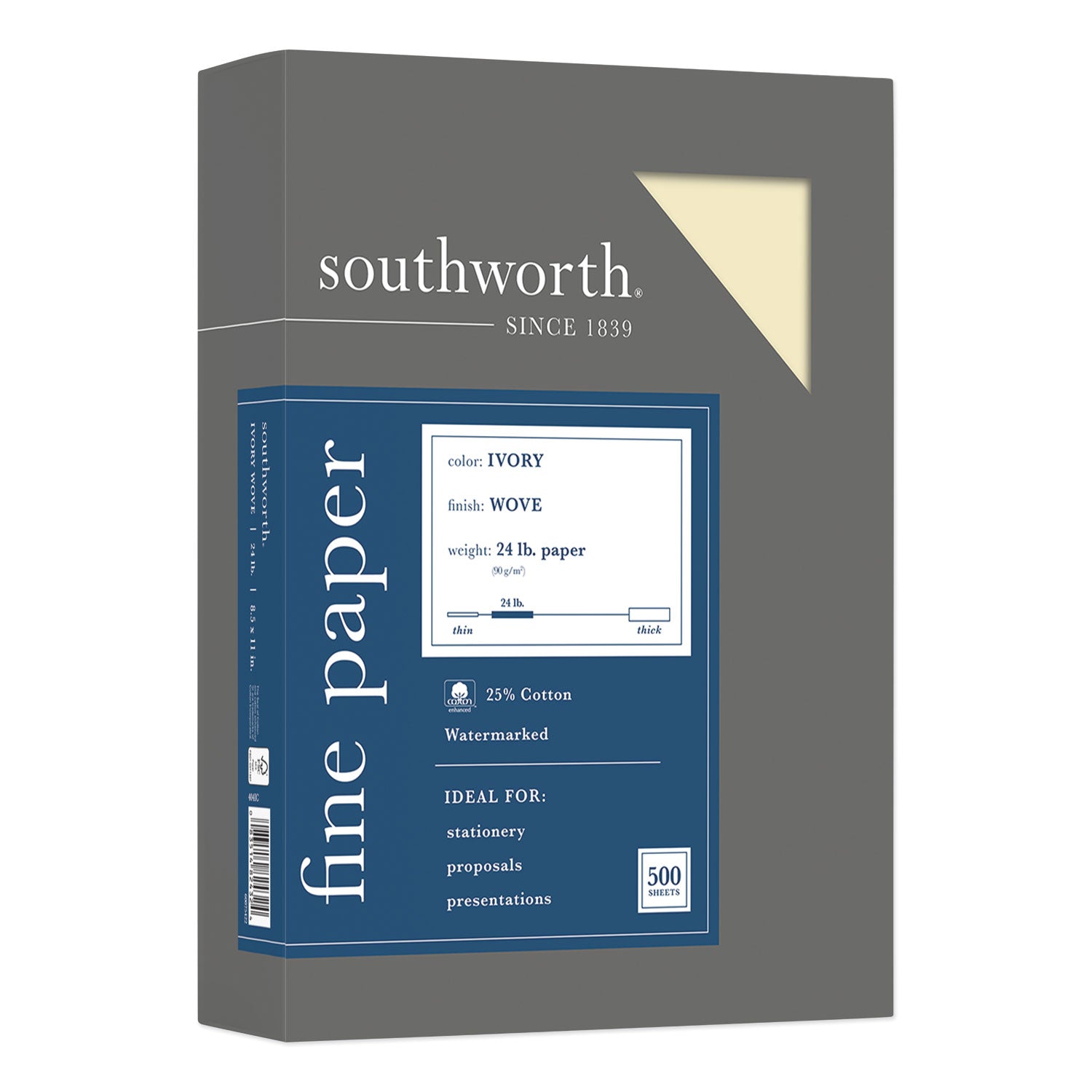 Southworth 25% Cotton Business Paper - Letter - 8 1/2" x 11" - 24 lb Basis Weight - Wove - Watermarked, Acid-free, Lignin-free, Date-coded - Ivory - 1 Box