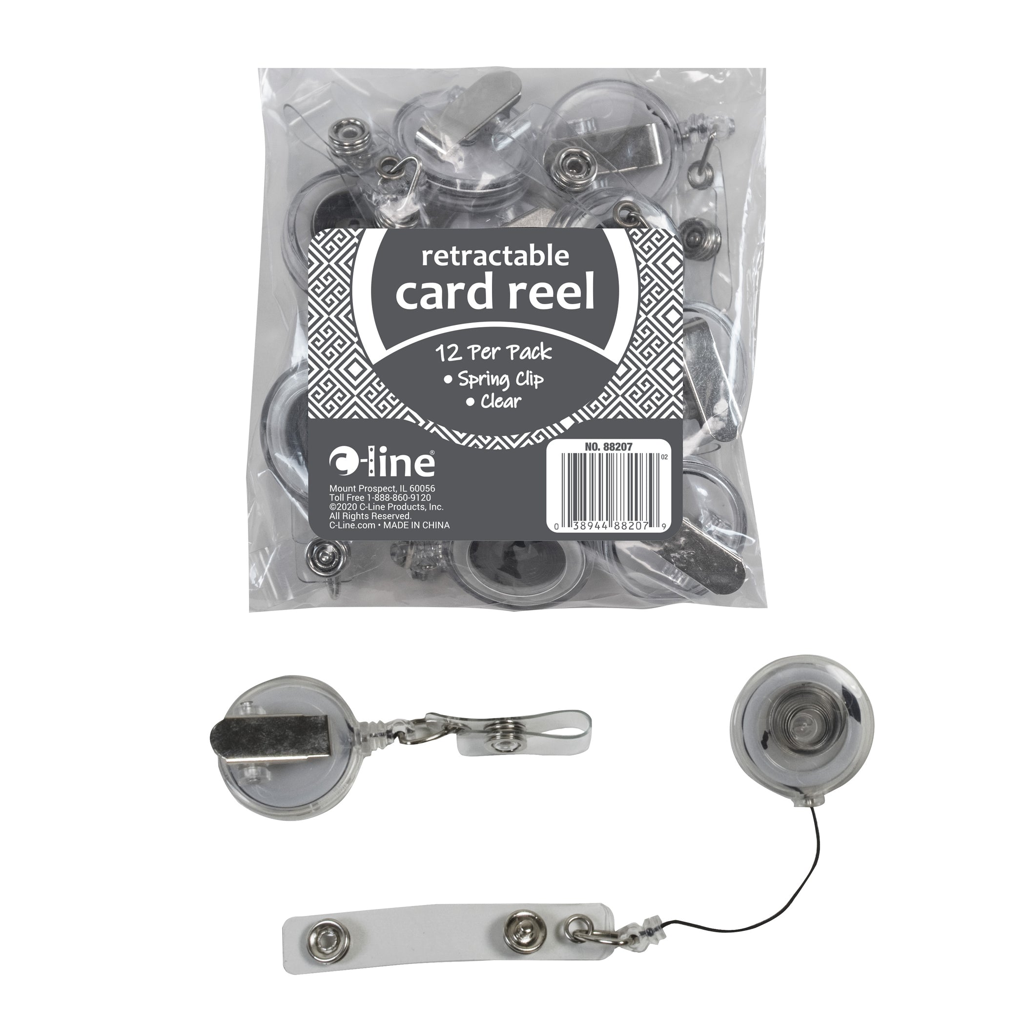 Retracting ID Card Reels, Spring Clip, Clear, Pack of 12