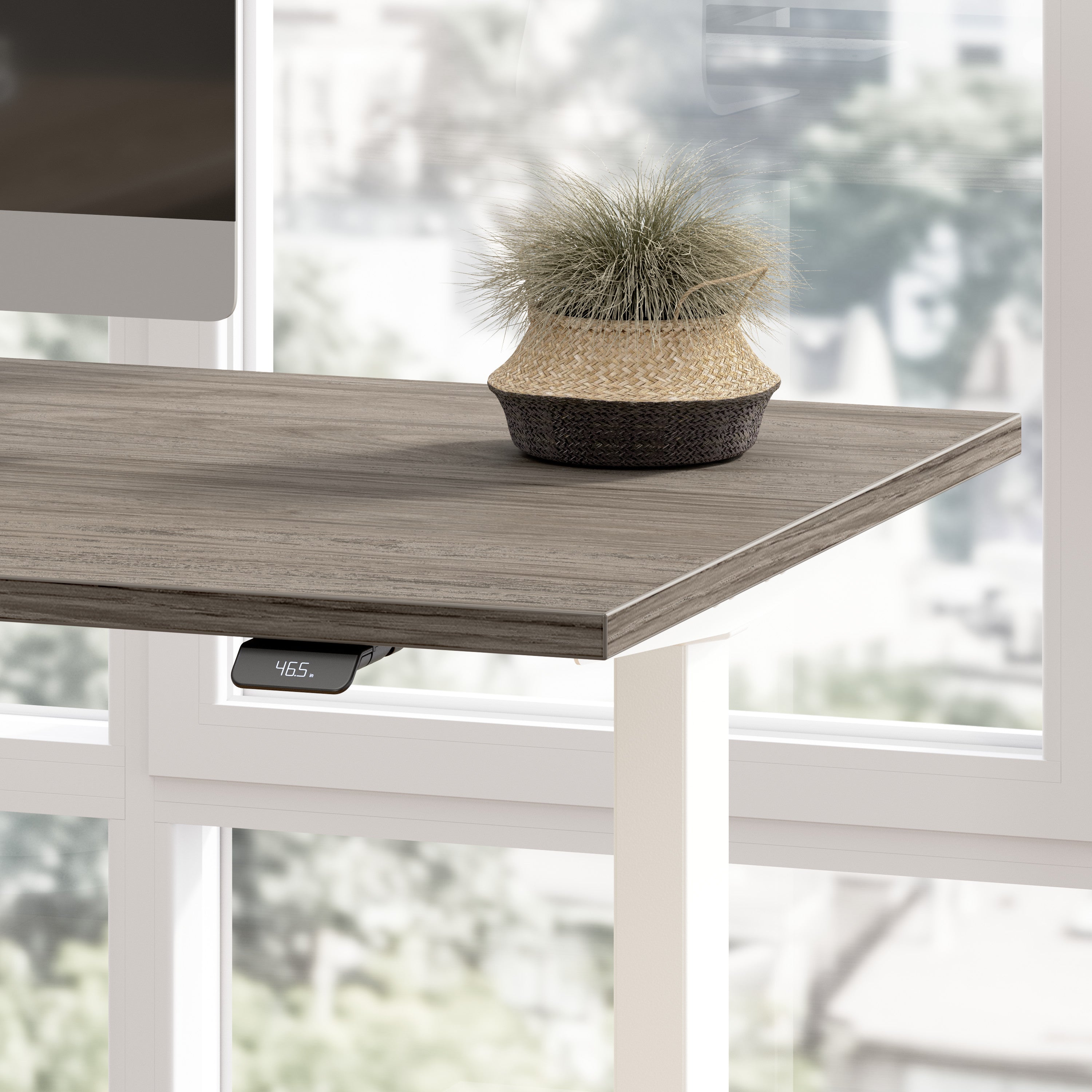 Bush Business Furniture Move 60 Series 72W Height Adjustable L Shaped Standing Desk in Modern Hickory with White Base - 71.02" Width x 76.97" Depth x 27.44" Height