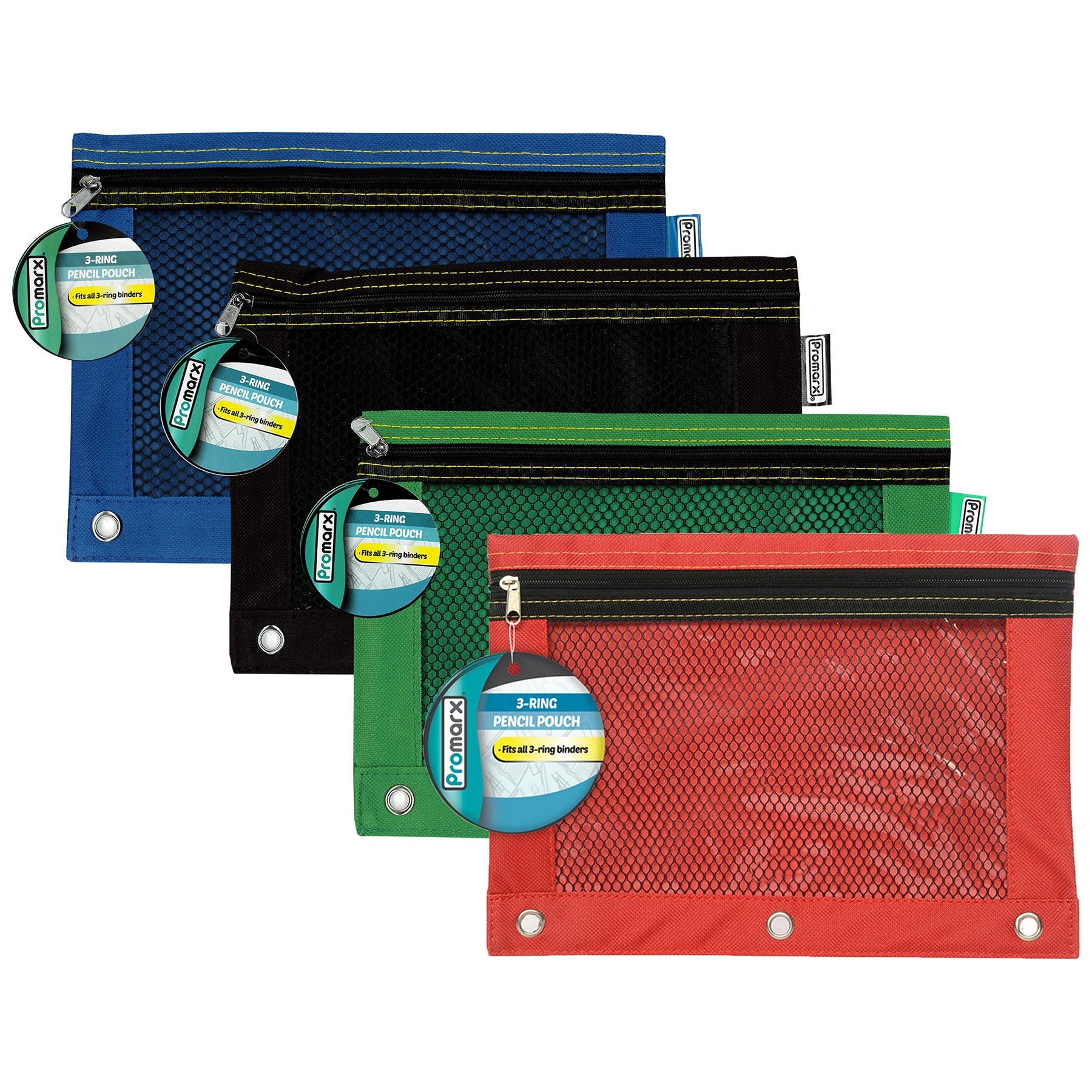3 Ring Pencil Pouch With Mesh Window, 10" x 7.5", Assorted Colors