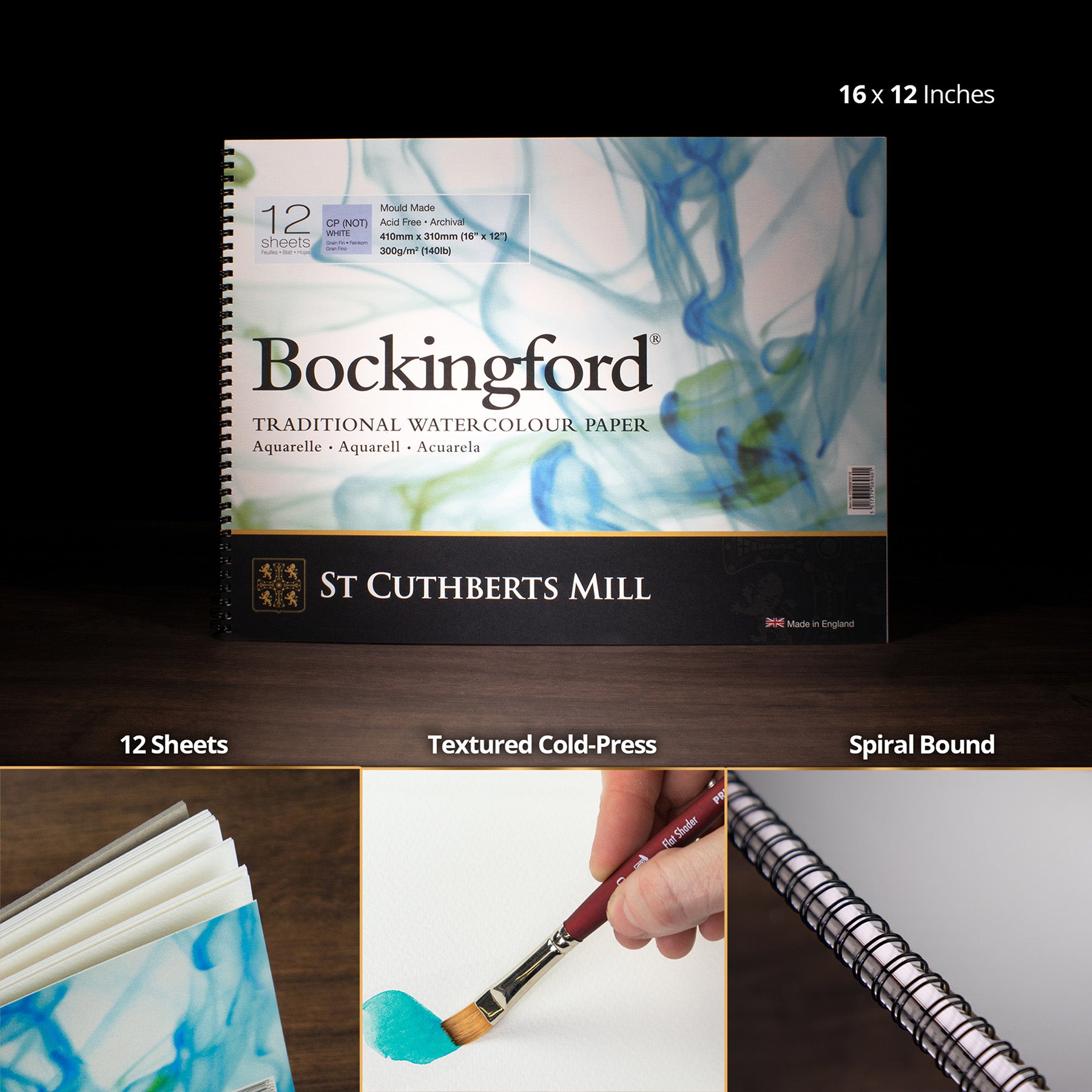 Bockingford Watercolor Pad, Cold Pressed, Spiral Binding, 140lb/300gsm, 12 Sheet, 12x16 inch, 1 Count