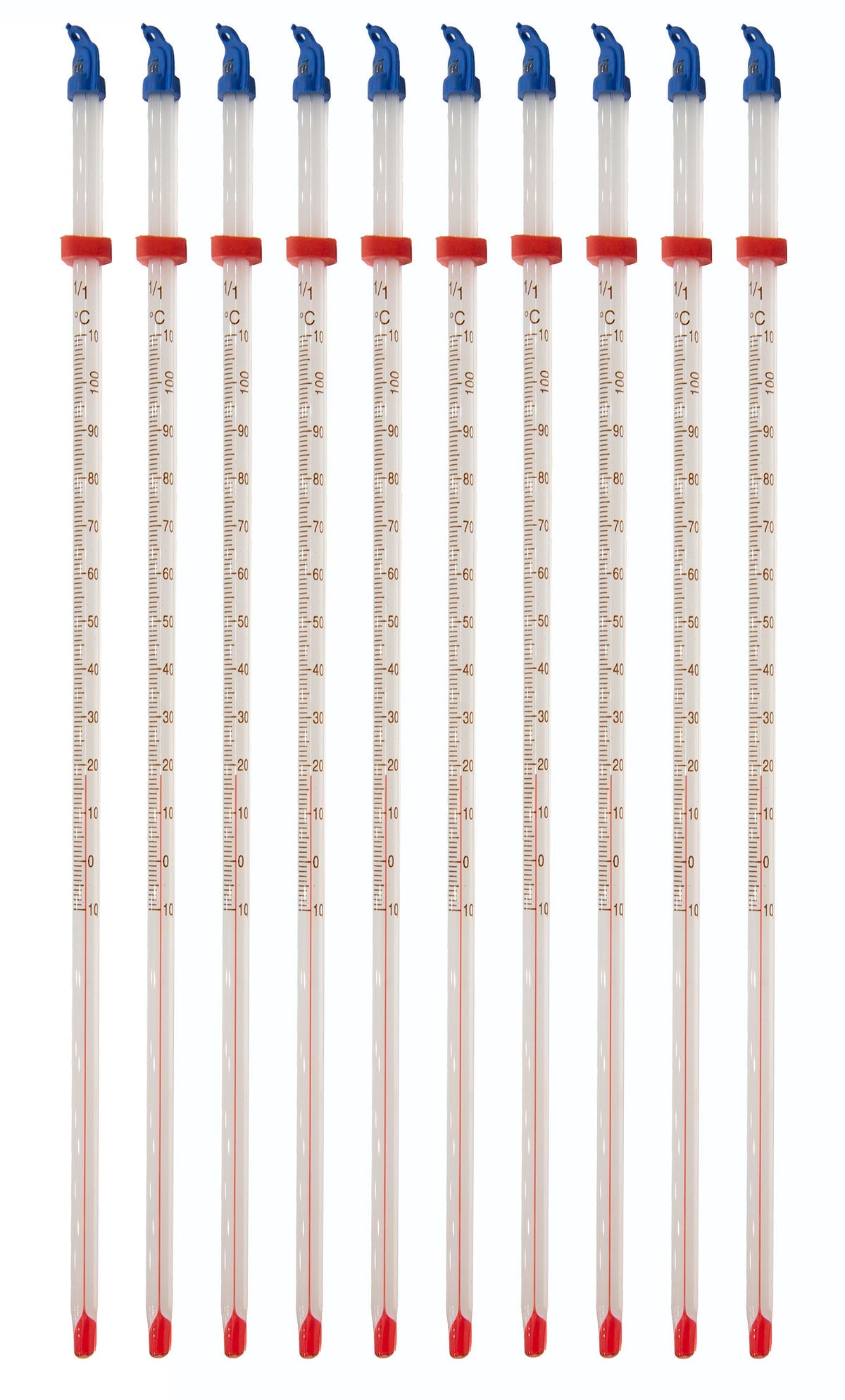 Thermometer Laboratory Red Alcohol Filled, Graduated -10°C to 110°C, White Back, Partial Immersion, Pack of 10